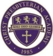Presbyterian Academy emblem with purple shield featuring two lions, a cross, and a Latin motto 'Soul Deo Gloria', established in 1985.