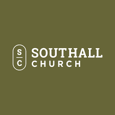Southhall Church logo on an olive green background, featuring the church's name and emblem.