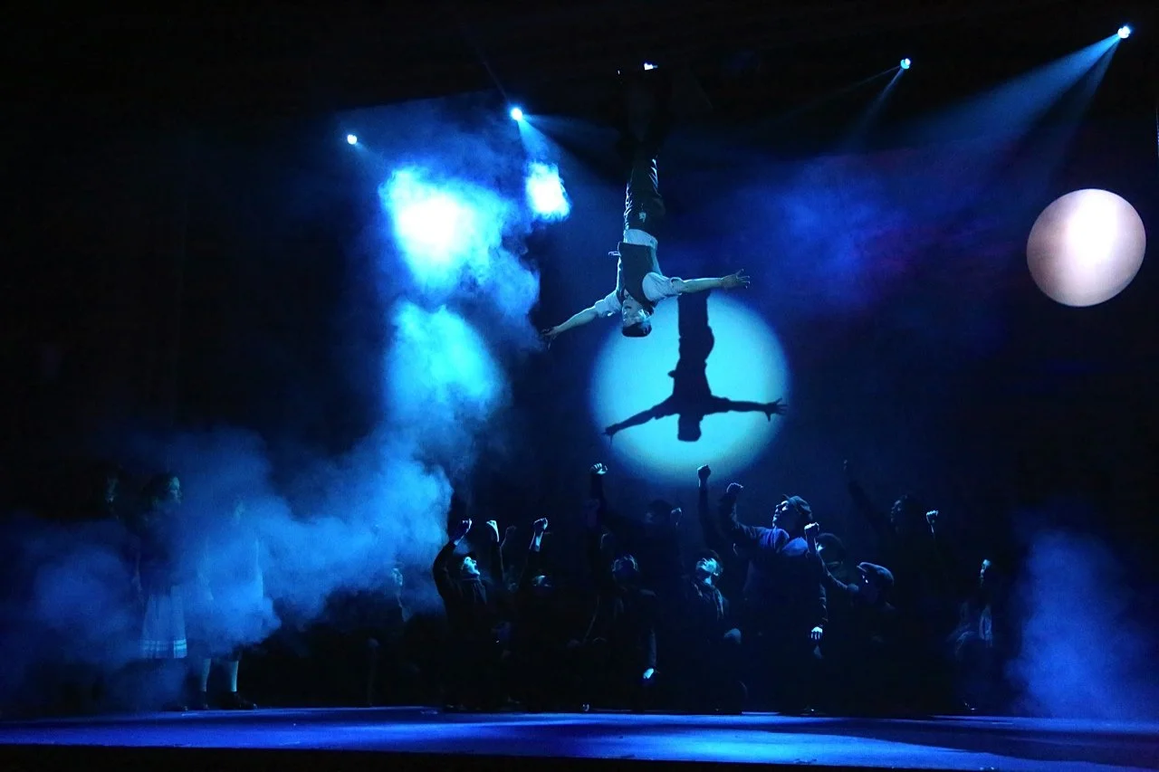 A performer hanging upside down on a trapeze above a group of people on stage, with blue lighting and fog effect, during a circus or dance show.