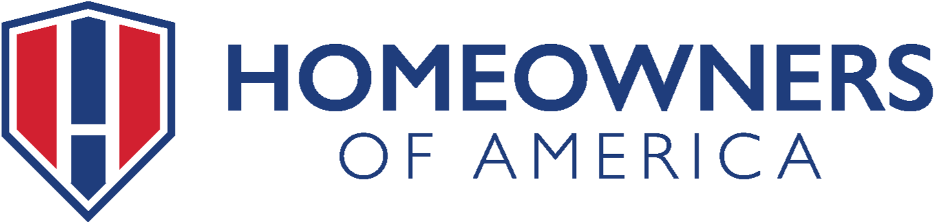 Logo of HomeOwners of America with a shield emblem containing a stylized letter H in red and blue colors.