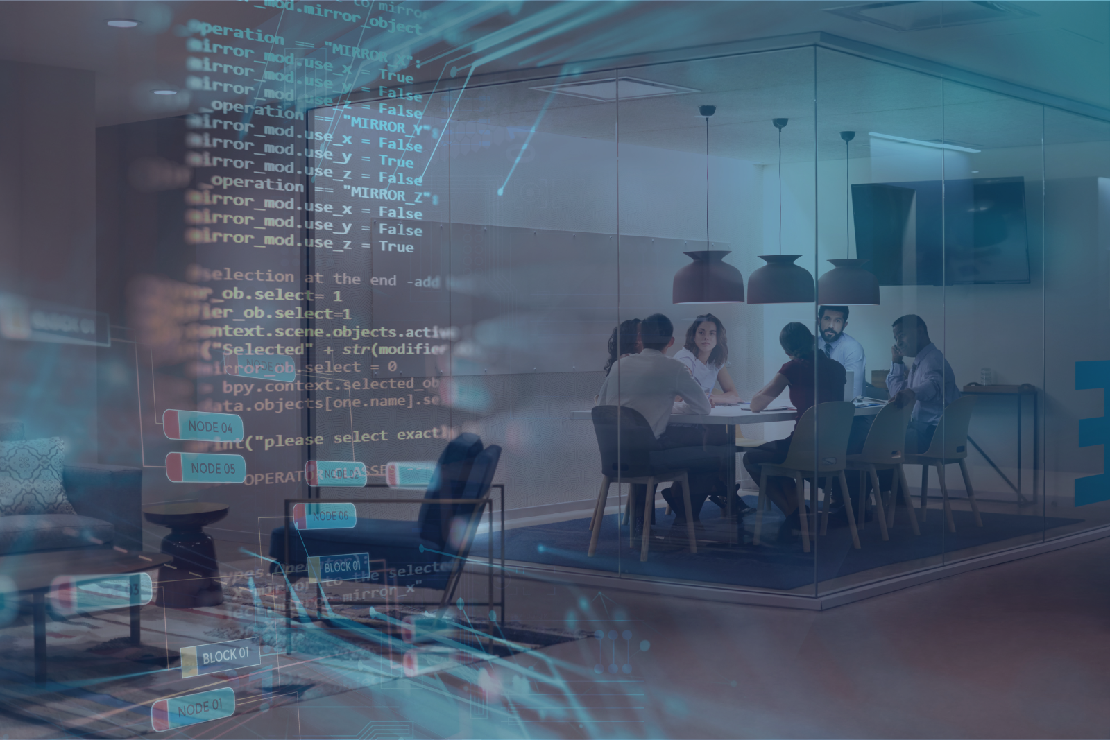 A business meeting taking place in a modern conference room, viewed through a transparent glass wall with digital code and network graphics overlayed, illustrating technology and data concepts.