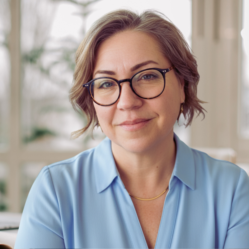 A woman with short, wavy brown hair, wearing glasses and a light blue collared shirt, smiling at the camera in a bright, indoor setting.