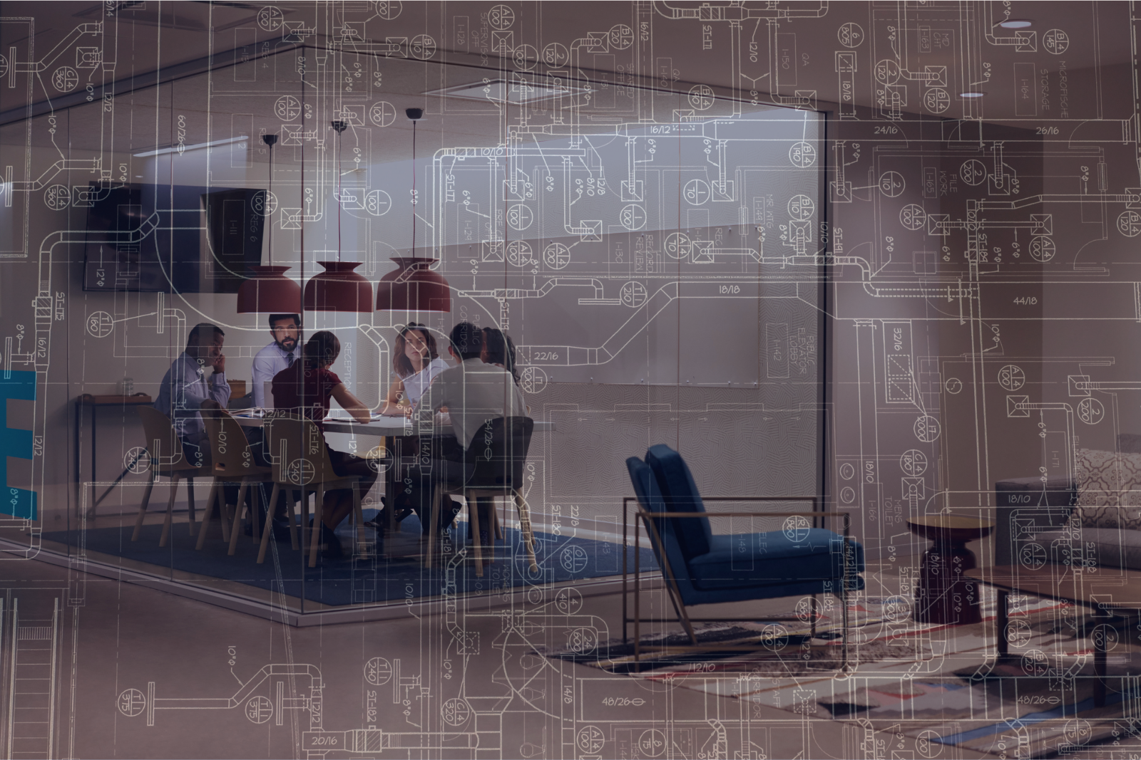 A group of people in a meeting room, with a large wall clock and abstract blueprints overlaid
