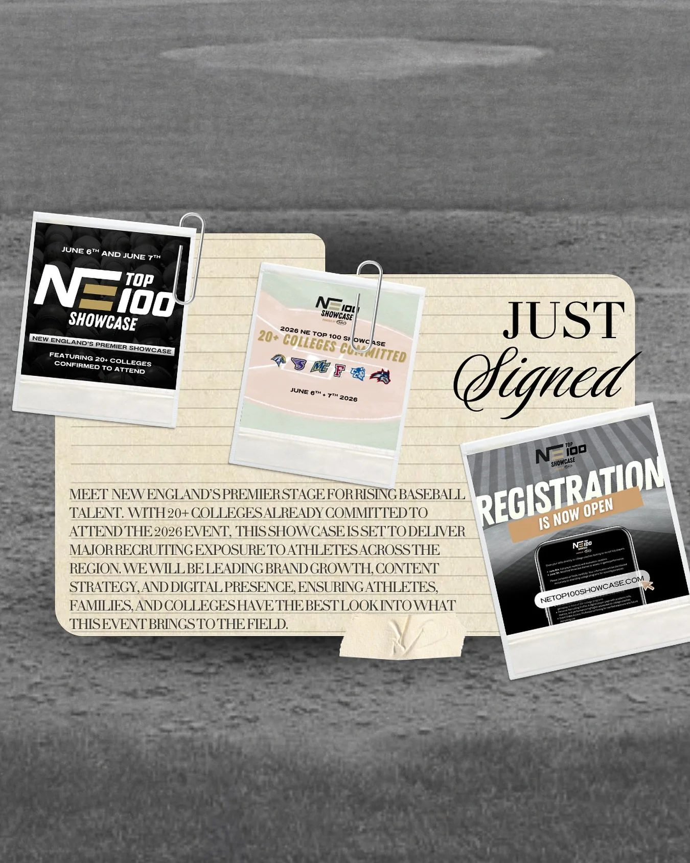 🚨NEW CLIENT ALERT🚨 

We&rsquo;re excited to announce our newest client, NE Top 100 Showcase, New England&rsquo;s premier stage for rising baseball talent. With 20+ colleges already committed to attend the 2026 event, and player registration now liv