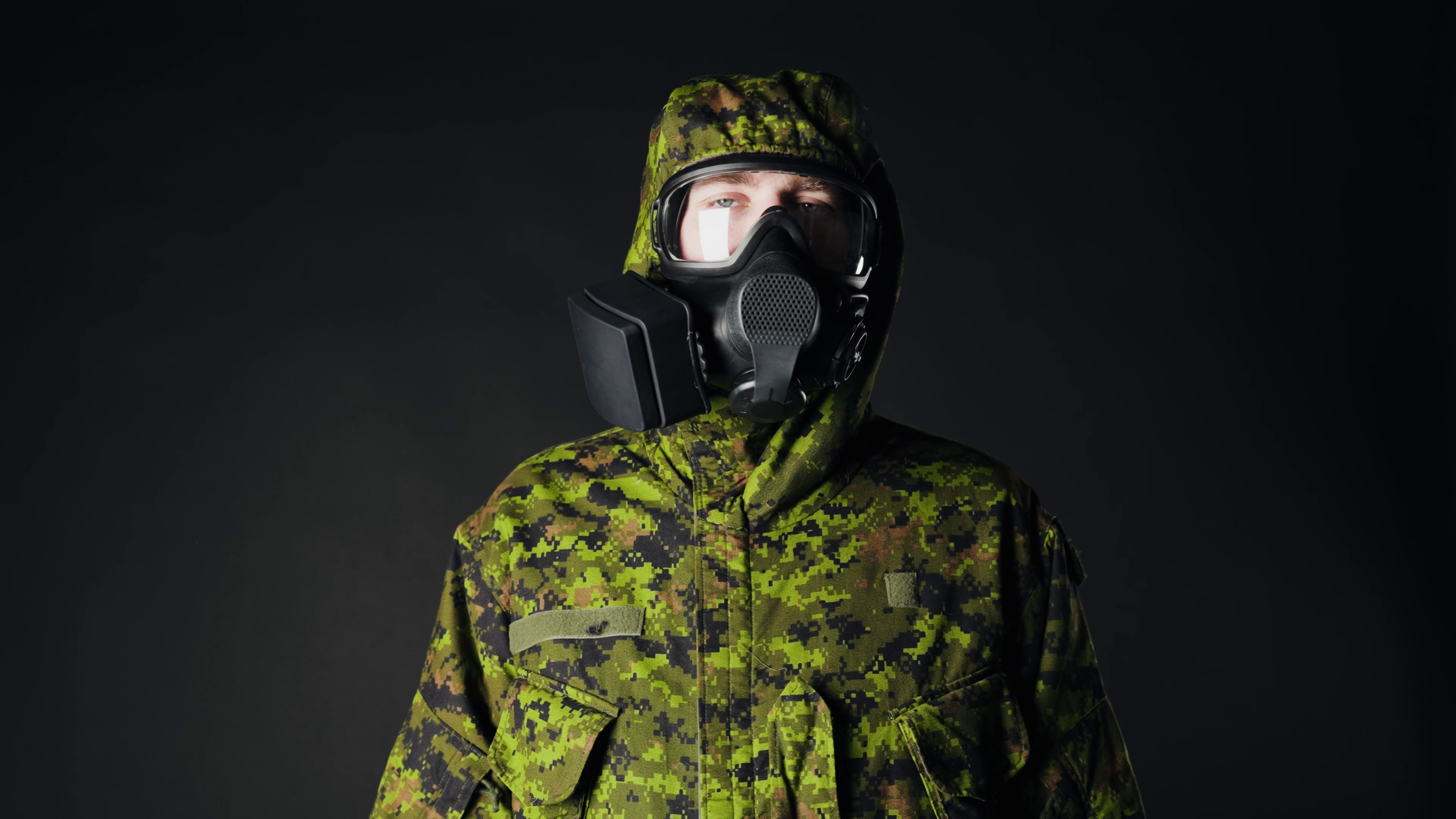 CN/CS Gas Filter on User in CBRN Suit