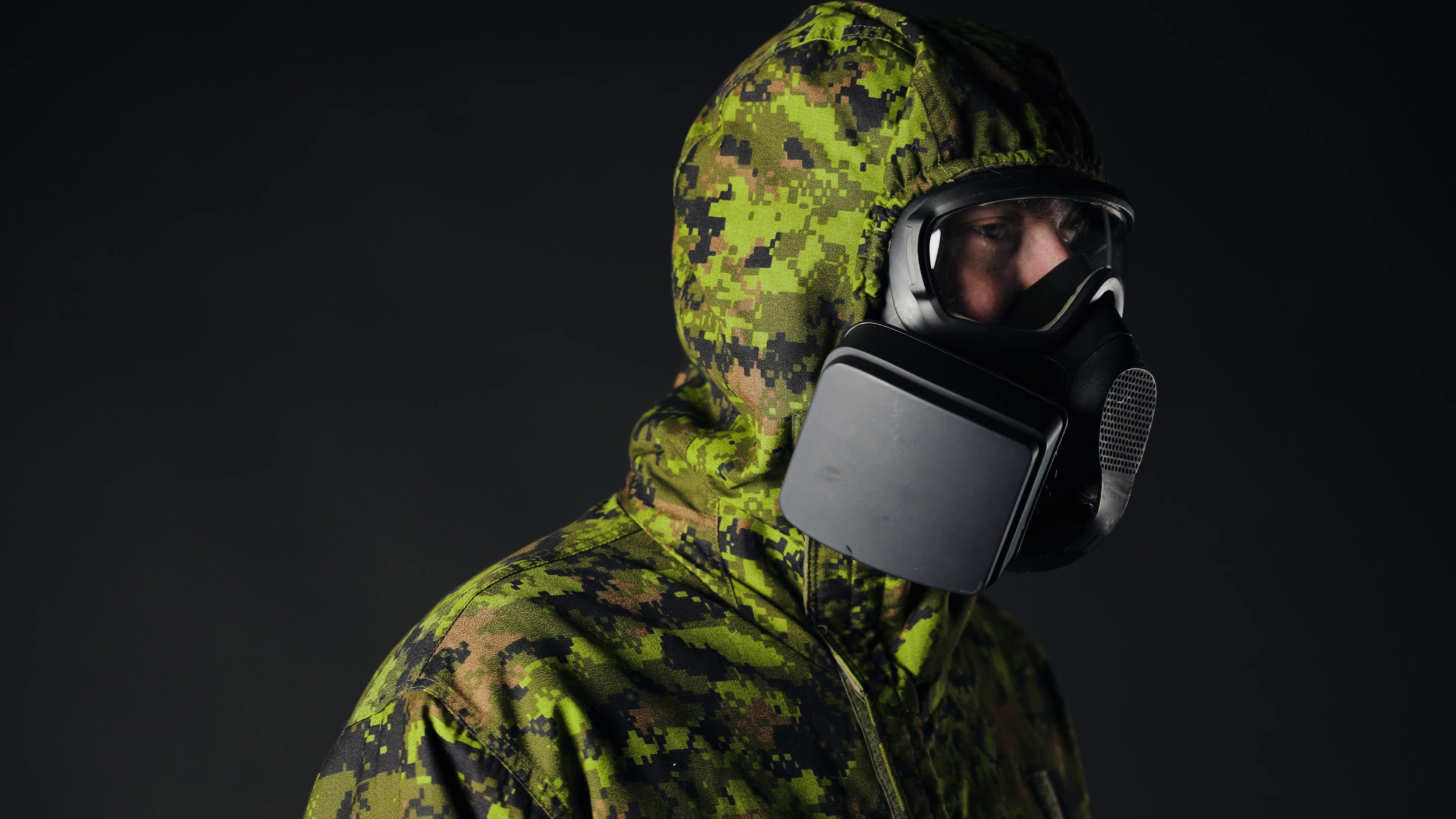 CN/CS Gas Filter on User in CBRN Suit