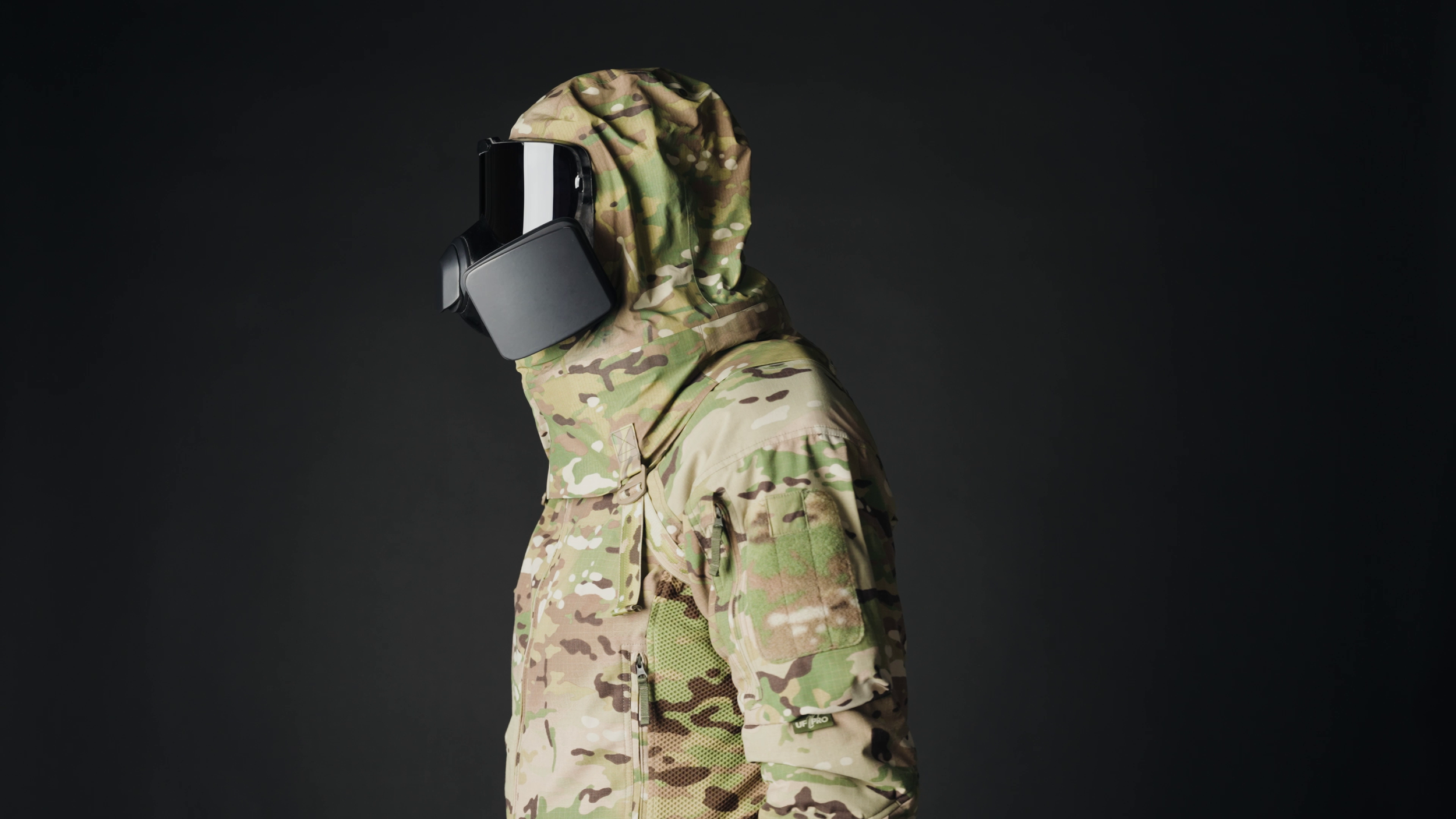 Side View CN/CS Gas Filter on User in Bearded Tactical Applications Mask - Military Operations
