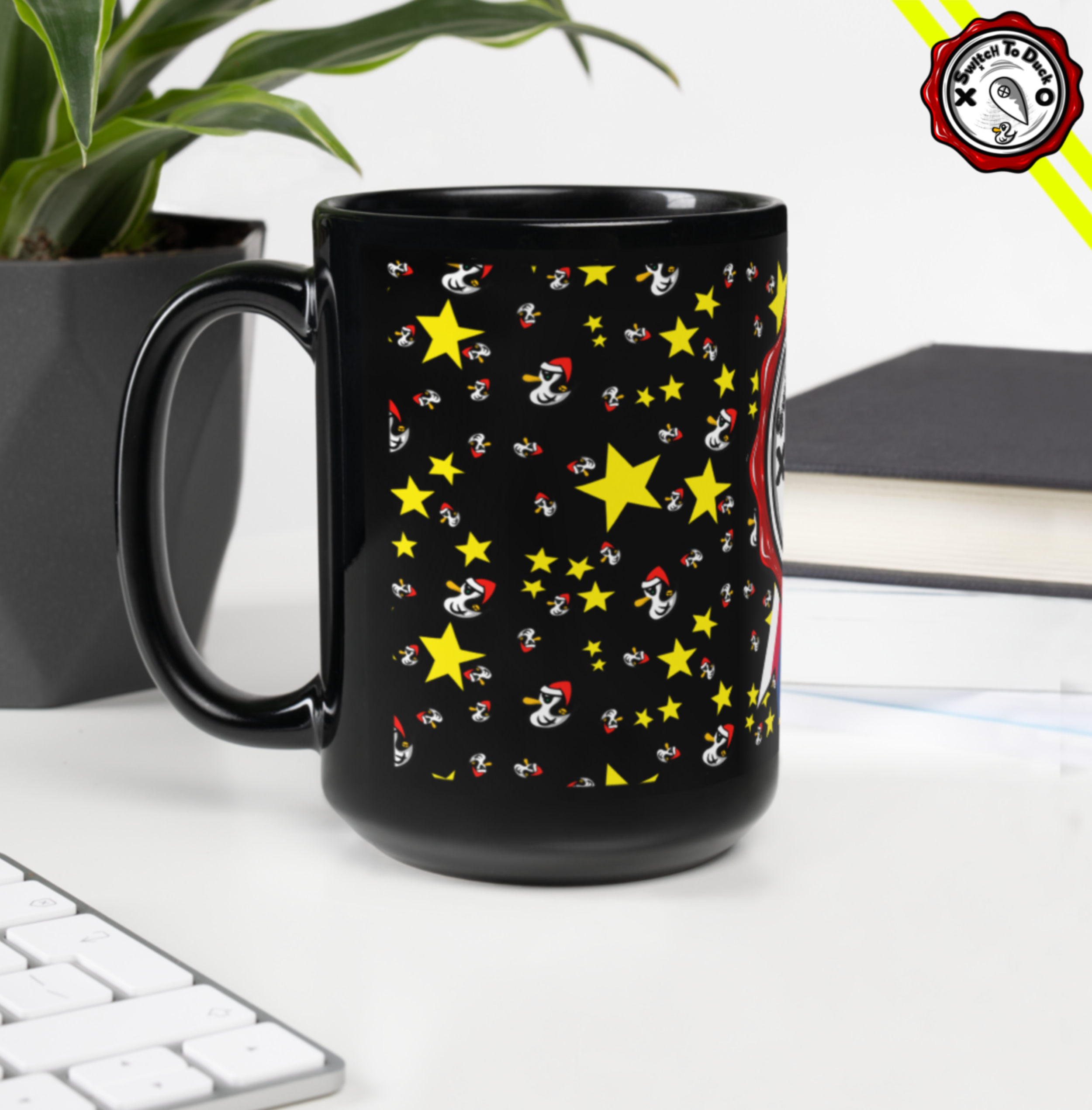 Black Glossy Mug – Santa Duck & Tricolor STD Logo (Limited Edition)