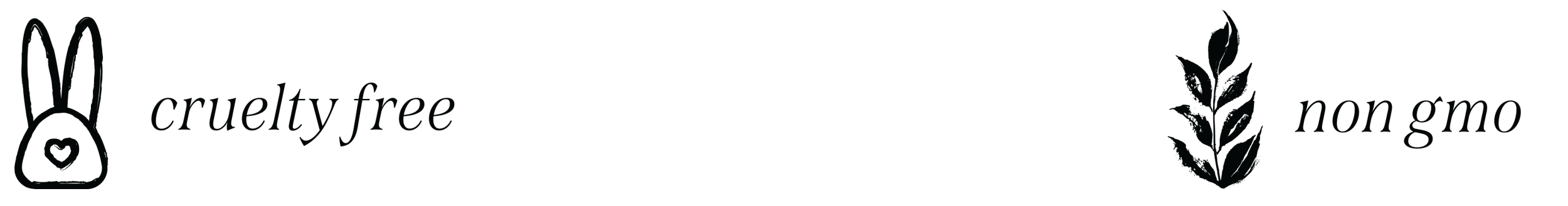 Black logo with a bunny face, a heart inside, and the words 'cruelty free' and 'non GMO' with leaves in the design.