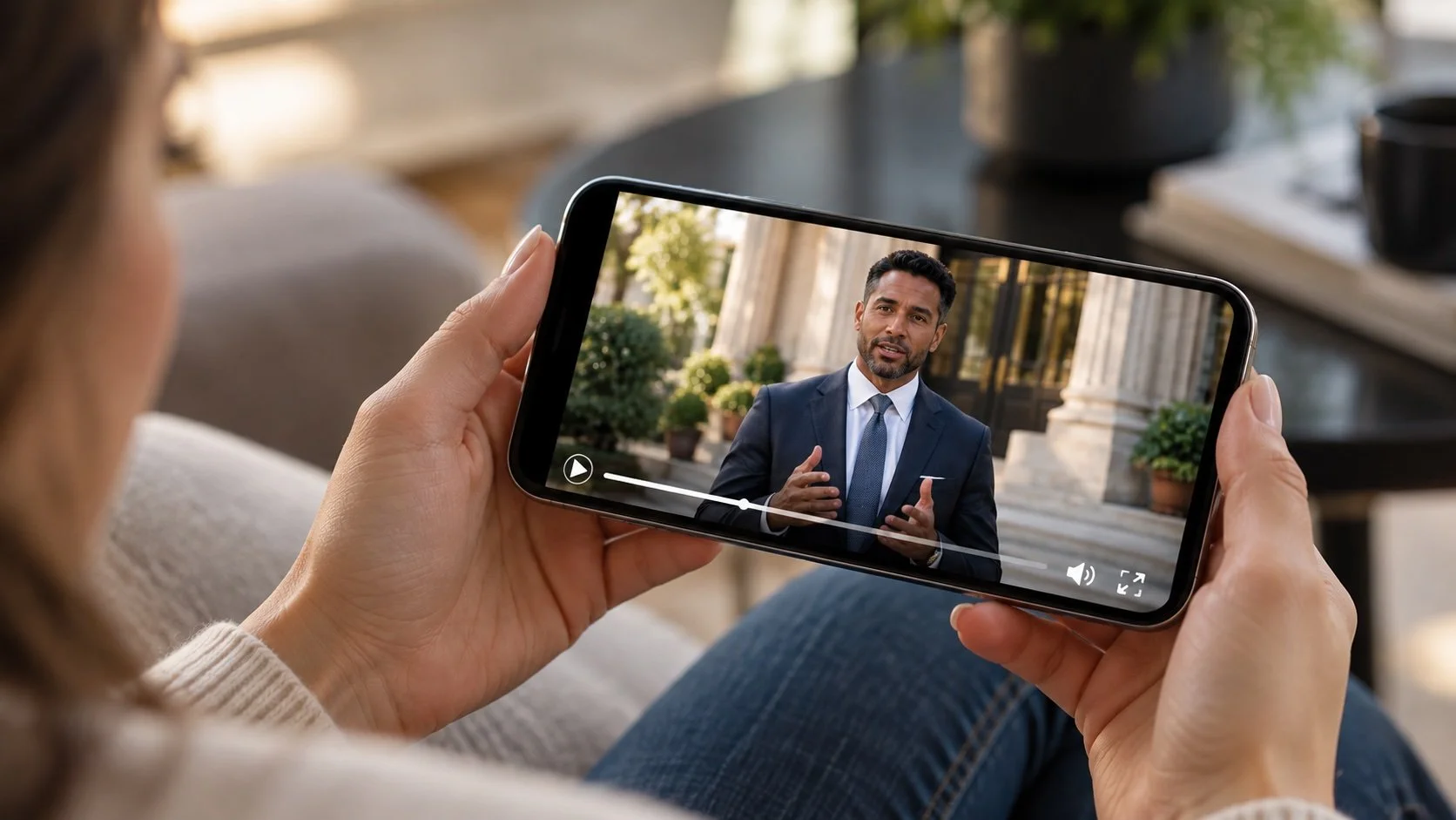 A person is holding a smartphone, watching a video of a man in a suit speaking outdoors with trees and columns in the background.