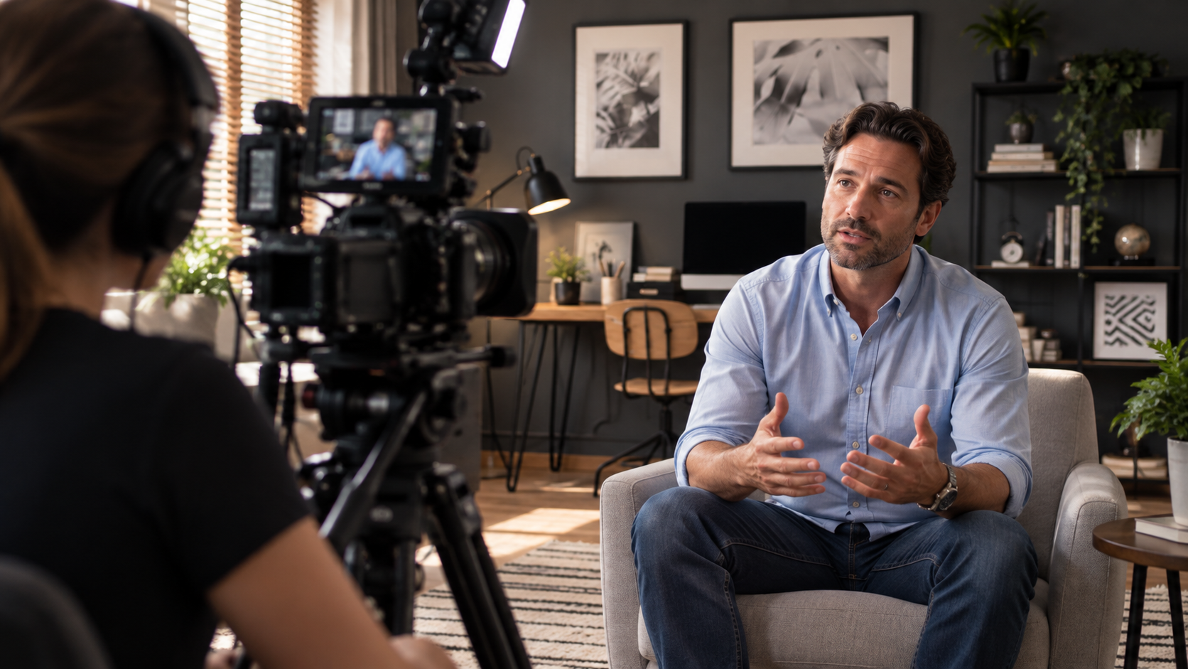 A man in a blue shirt being filmed by a woman with a camera in a modern room with black and white wall art, plants, and office furniture.