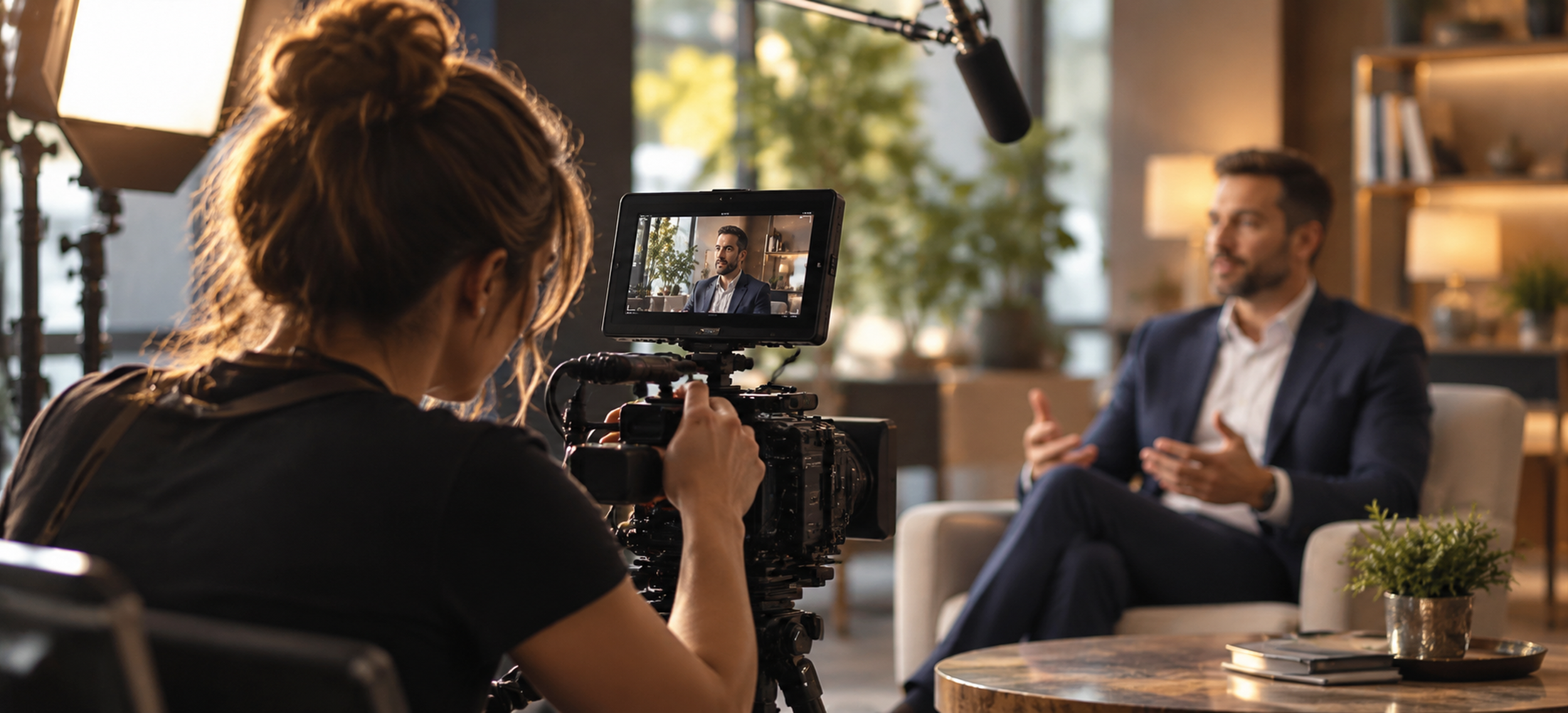 A woman filming a man during an interview in a well-lit indoor setting with large windows and decorative shelves.