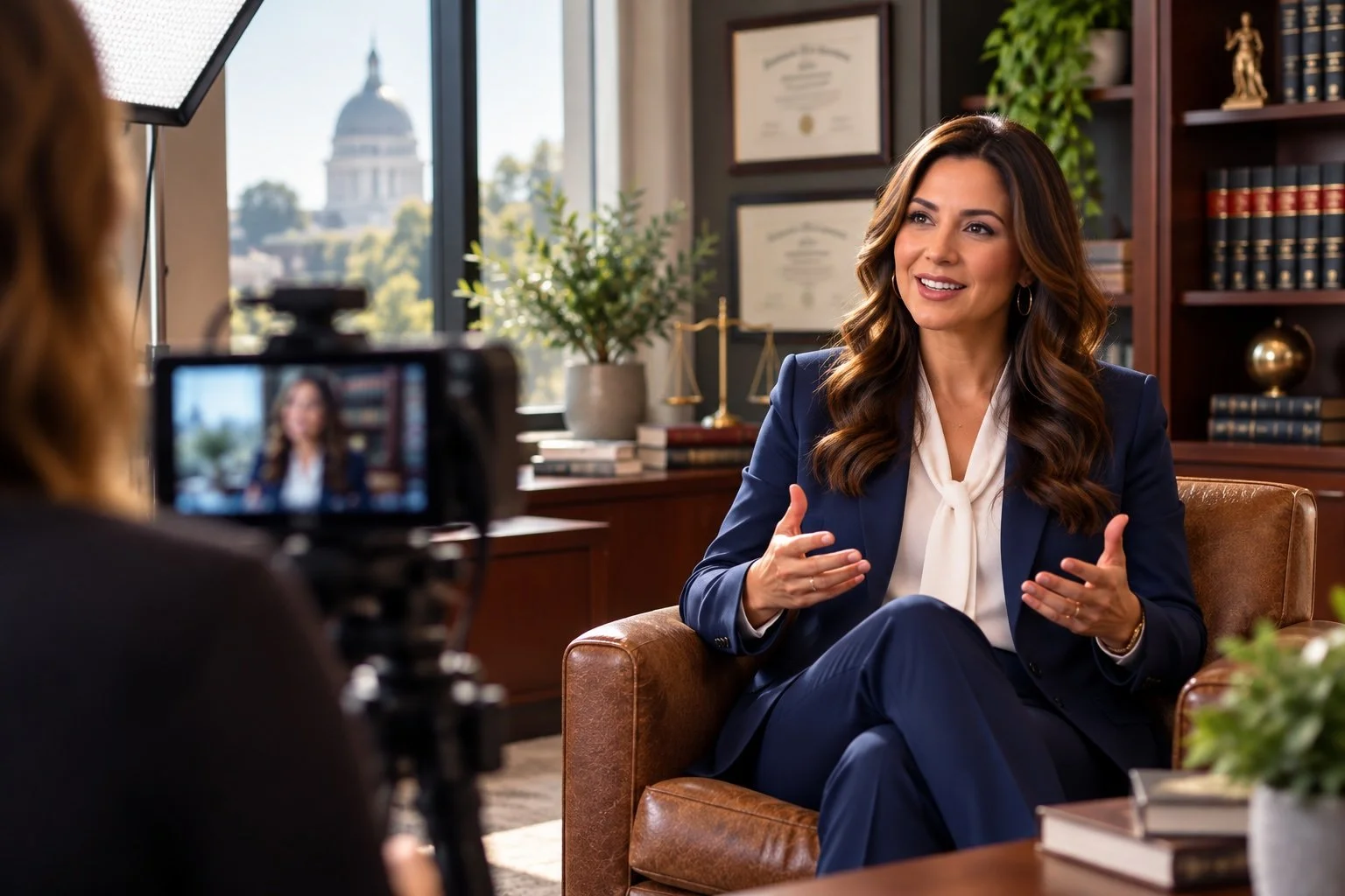 A woman in a blue suit is being interviewed in an office setting, sitting on a leather chair, speaking and gesturing with her hands. A camera captures her, with the Capitol building visible through a large window behind her. The office has bookshelves with books, framed certificates, and decorative items.