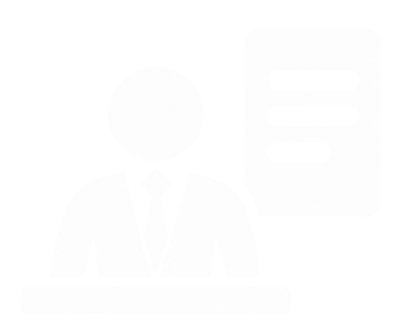 A simplified illustration of a person with a round head, wearing a suit and tie, sitting at a desk with a speech bubble showing three lines of text