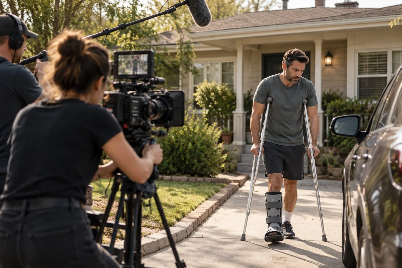 A man with crutches and a leg brace walks on the sidewalk in front of a house, while a film crew shoots him using a camera and sound equipment.