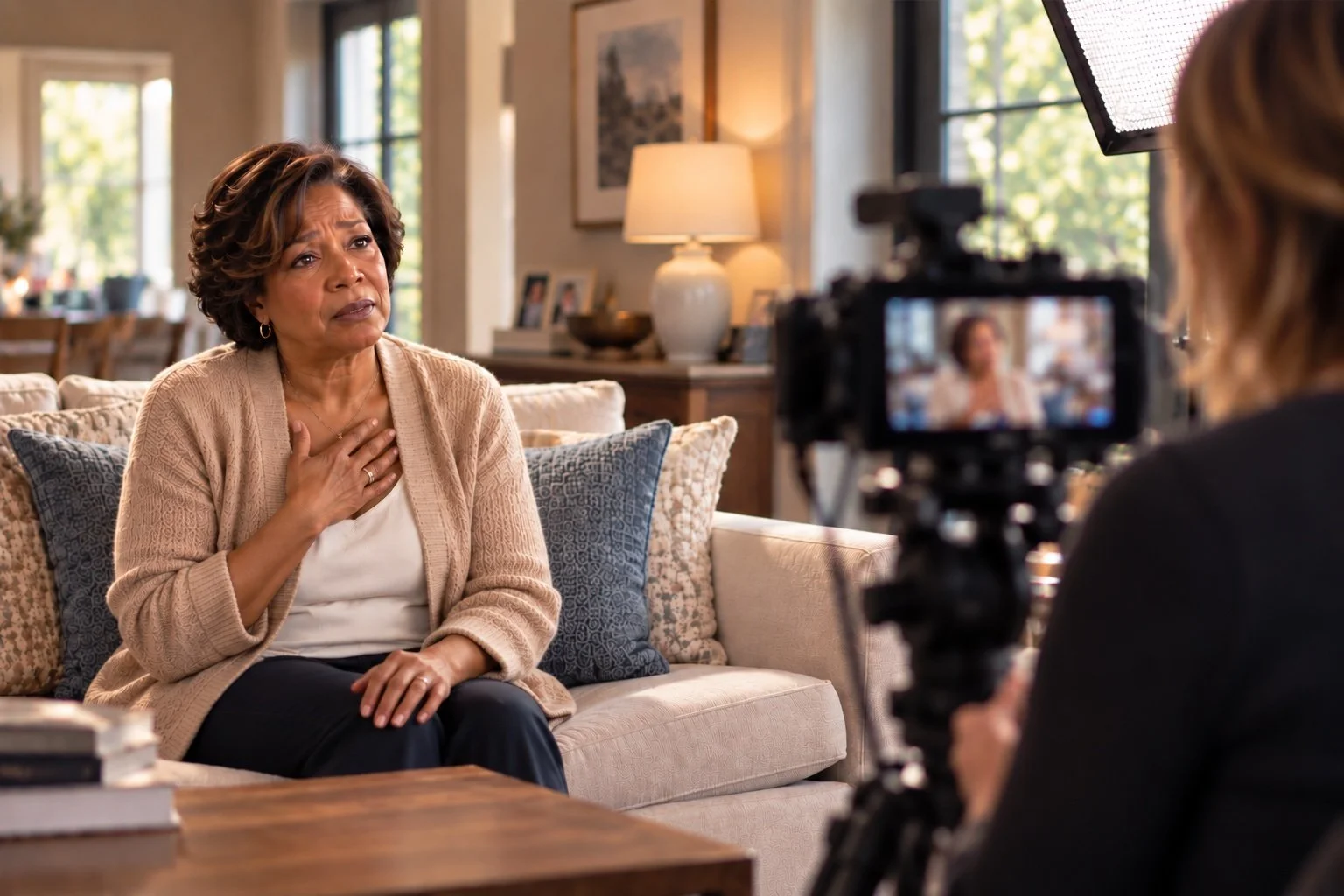 An older woman being interviewed sitting on a beige sofa with blue and beige pillows, placed in a warmly lit living room with large windows and artwork on the wall, while a person operates a camera and lighting equipment during the interview.