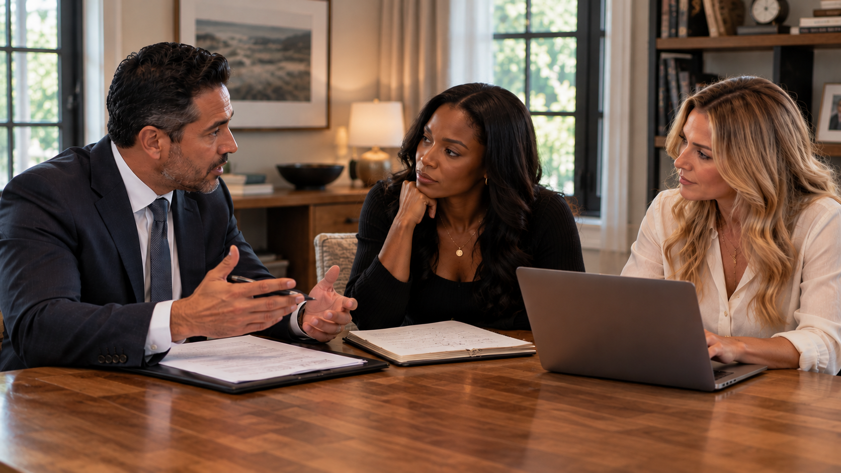 Three people having a serious discussion at a conference table with notebooks, a laptop, and documents in a room with large windows and bookshelves.
