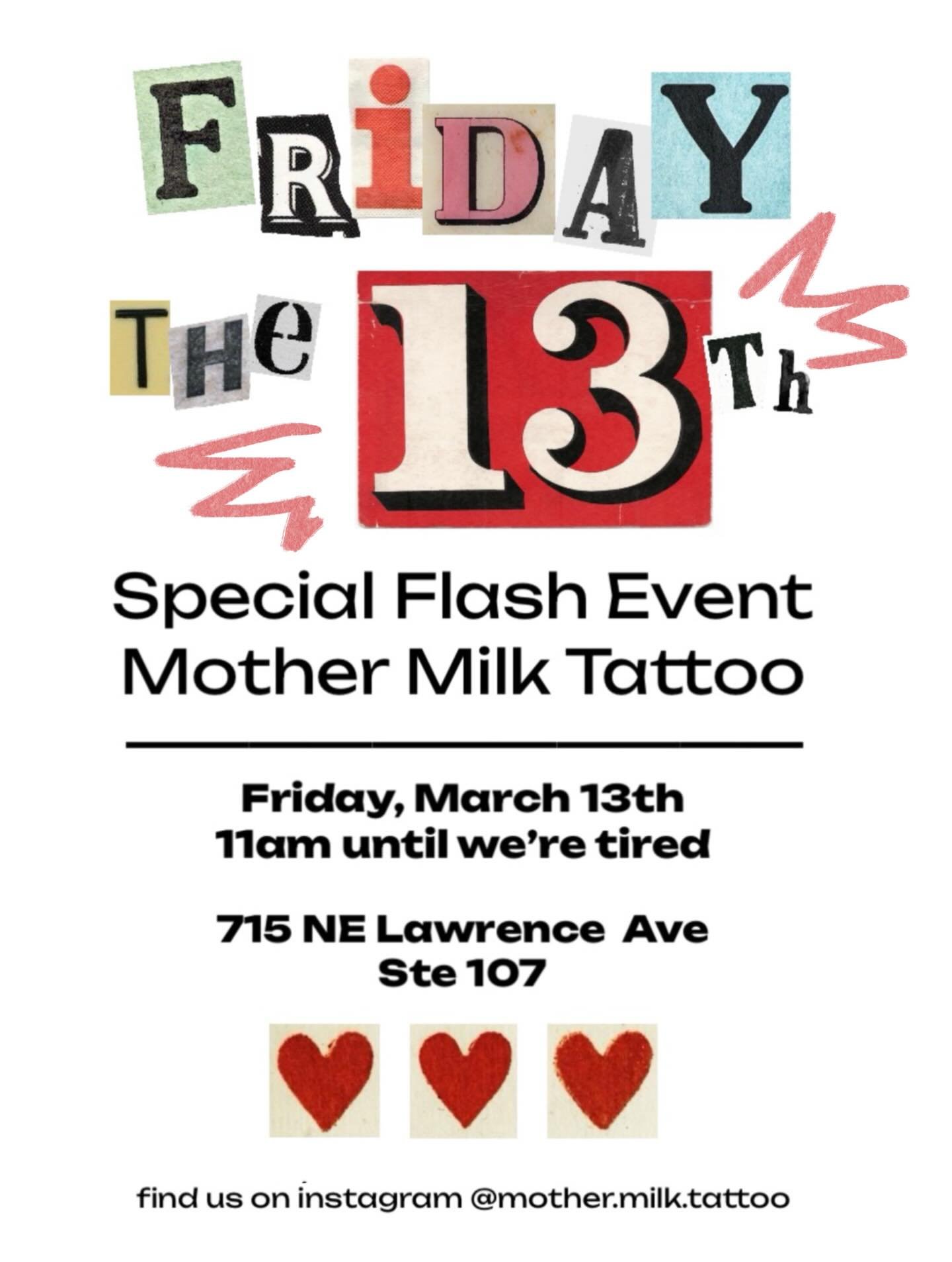 It&rsquo;s that time again!!!

All of our artists will be participating this Friday the 13th to get you some beautiful new pieces for your tattoo collection! 

&hearts;️We will be taking walk ins but some artists will also be accepting pre booking! ✨
