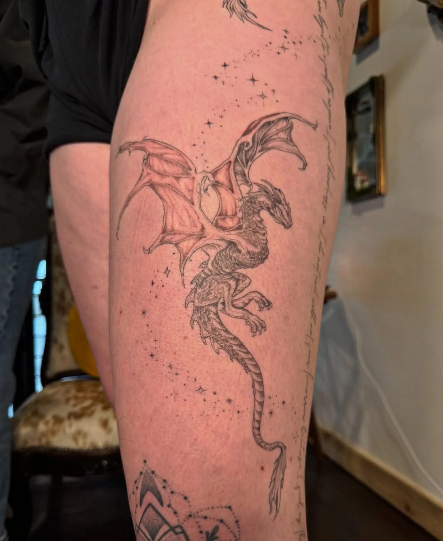 Yesterday @willowgraceink completed this UNREAL 3 dragon magical leg piece and a video of the process is coming soon&hellip;!