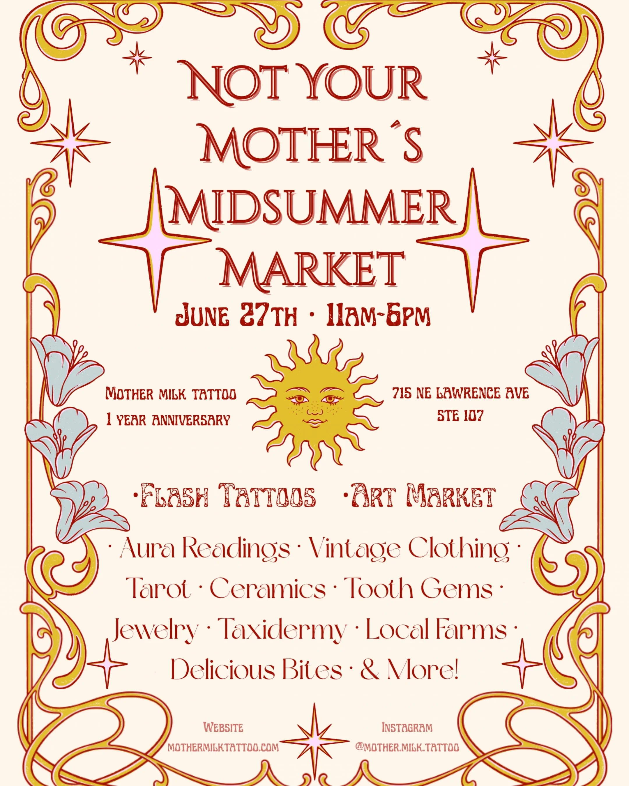 OKAAAAYY WE ARE STOKED TO BE HERE ONE WHOLE YEAAAAR SO WE ARE THROWING A MARKET!!!

mark your calendars!!! JUNE 27th🫡
We will be offering lots of amazing flash tattoos along with vendors and goodies galoree! 

Flash will be posted soon 🫶🏼

On top 