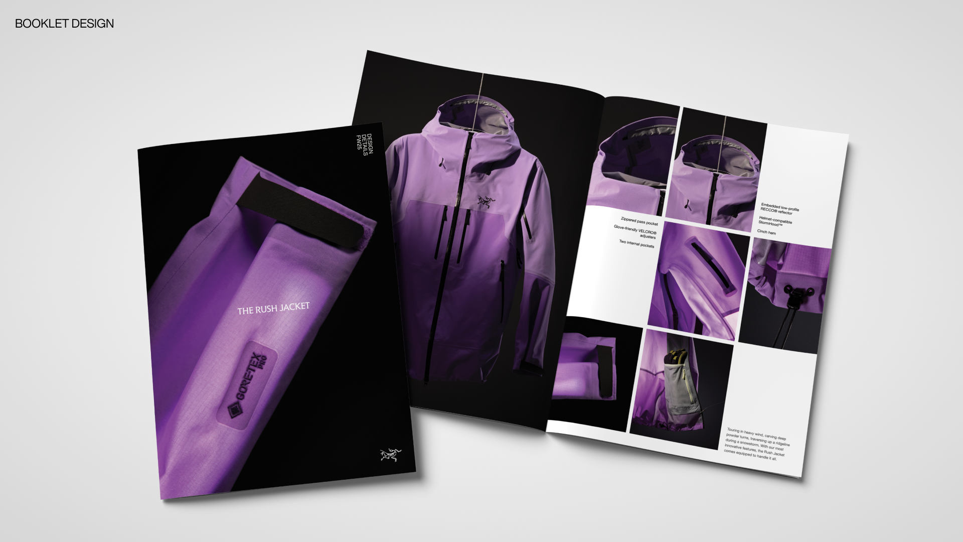 Open booklet displaying purple Gore-Tex jacket with multiple features and design details, including interior pockets, zippered pass pockets, and adjustable hood.