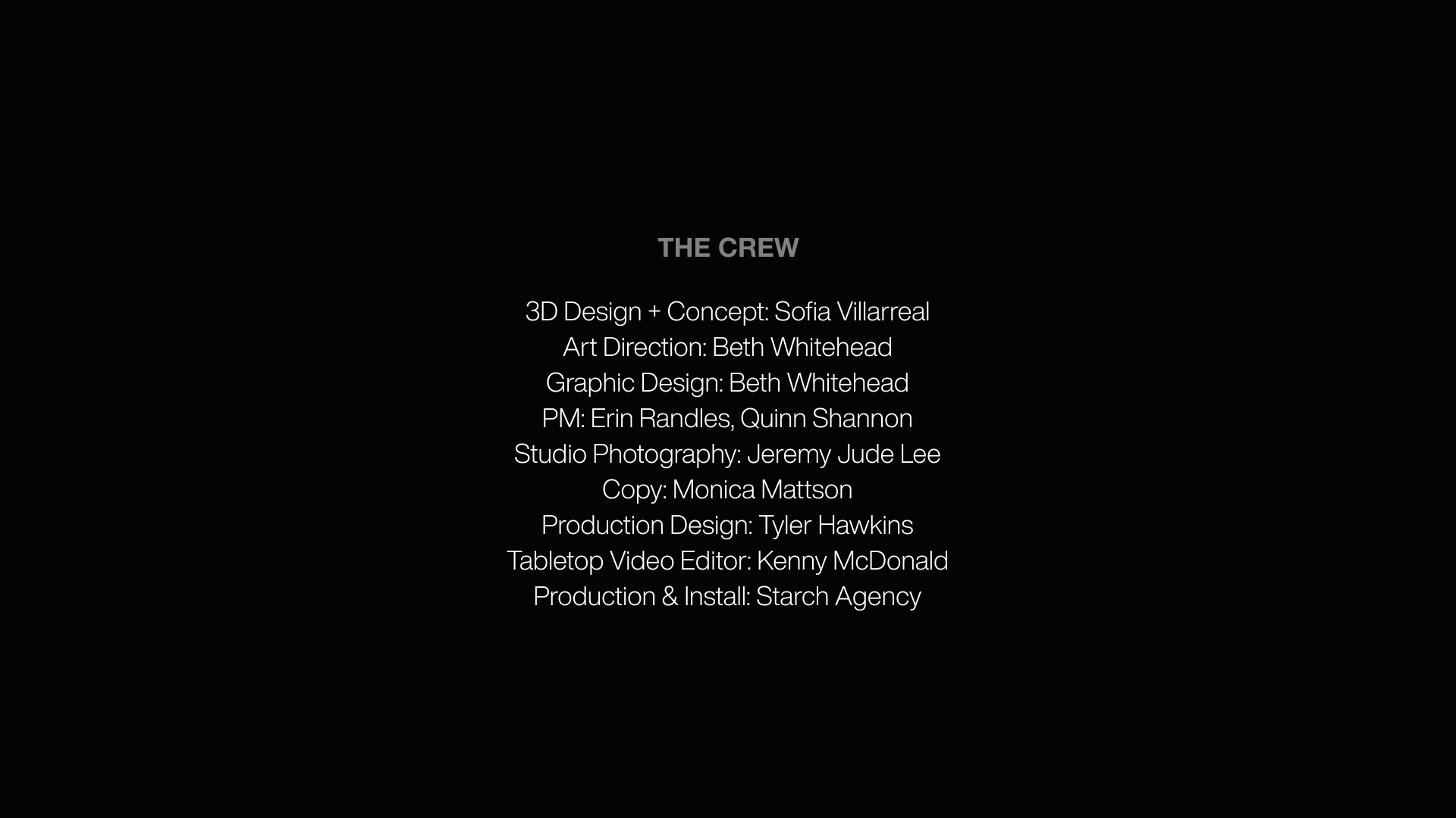 Black screen with gray text crediting the crew involved in a project, including roles such as design, art direction, graphic design, production, photography, copywriting, video editing, and installation.