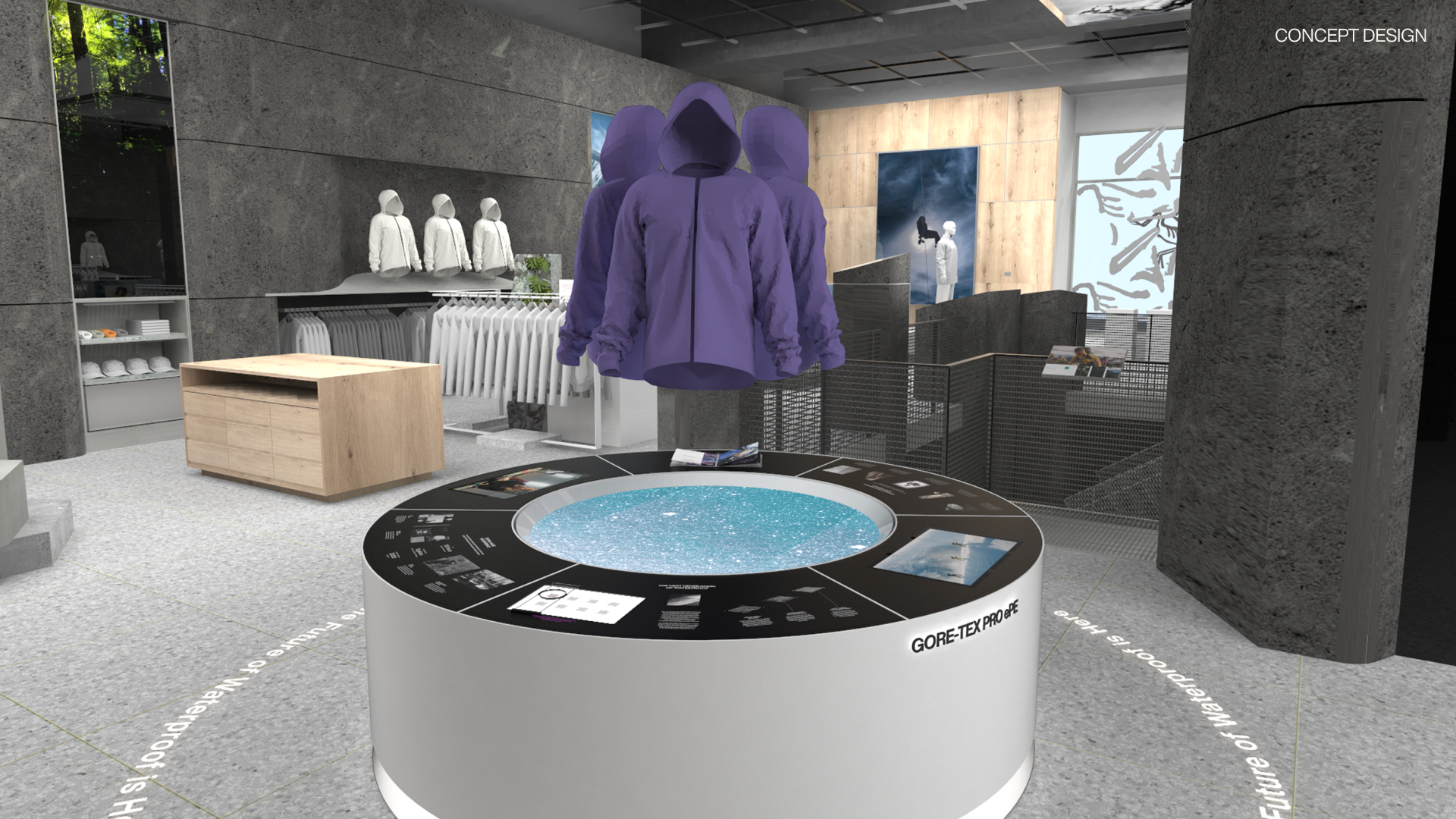 An indoor retail display features purple hooded jackets on mannequins above a circular table with a water feature at the center. Surrounding the water are informational panels. The background shows clothing racks with white hoodies and a wall with artwork. The floor has white text indicating a future of waterproof or water-resistant clothing.