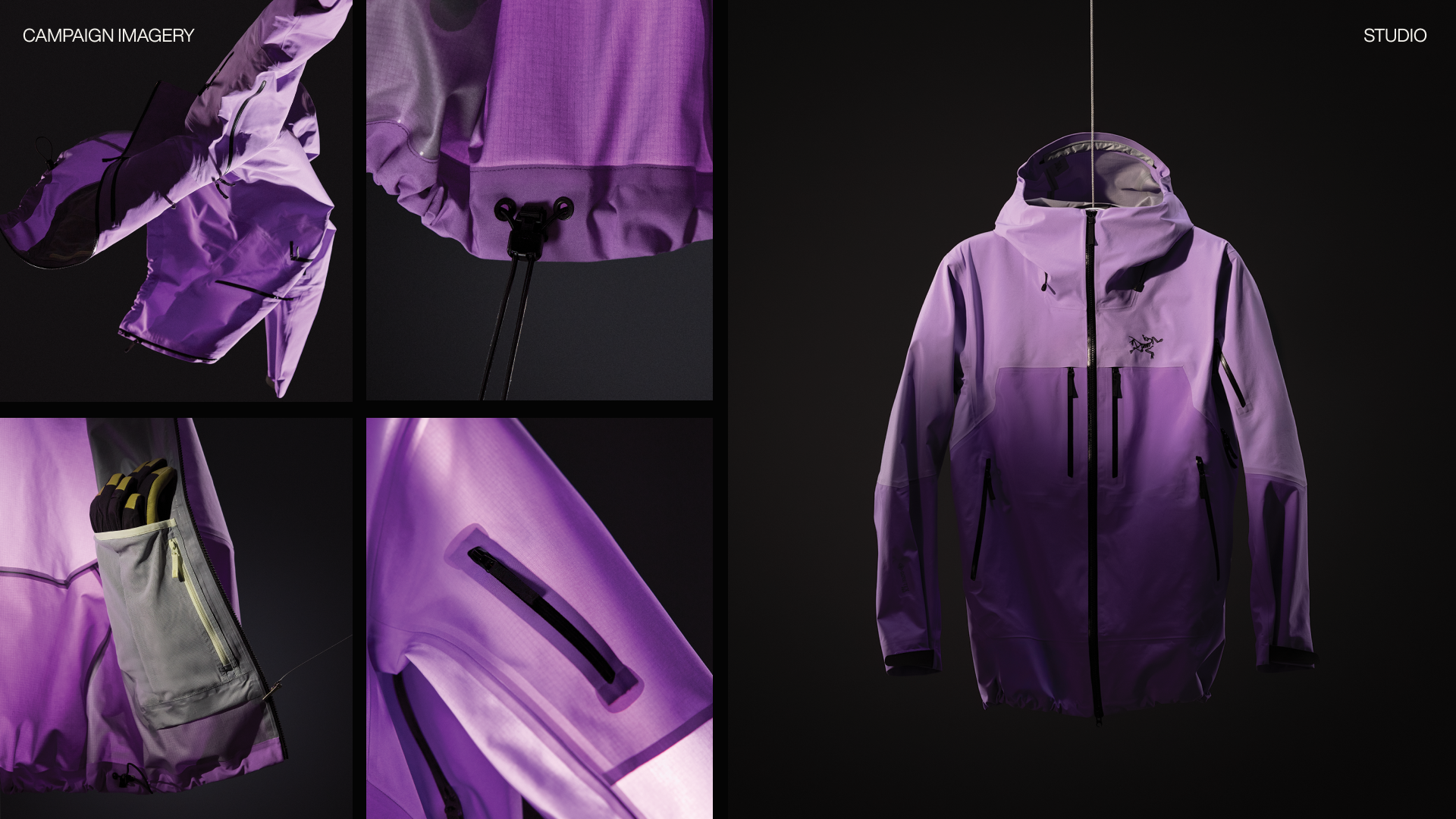 A collage featuring a purple outdoor jacket with multiple close-up shots highlighting its details, including pockets, zippers, drawstrings, and fabric texture, against a black background.