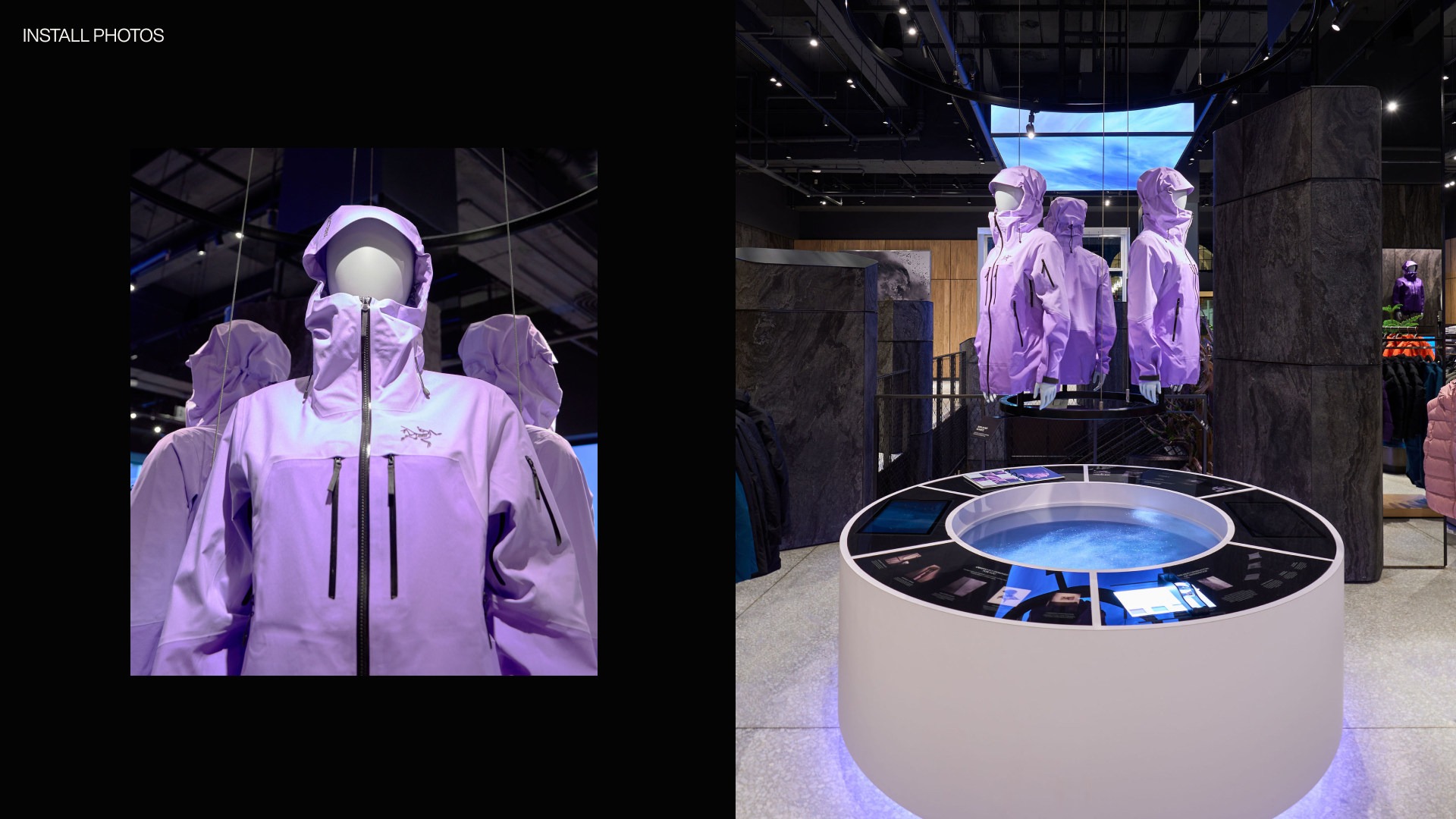 Display of lavender-colored outdoor jackets on mannequin and circular display with jackets in store.