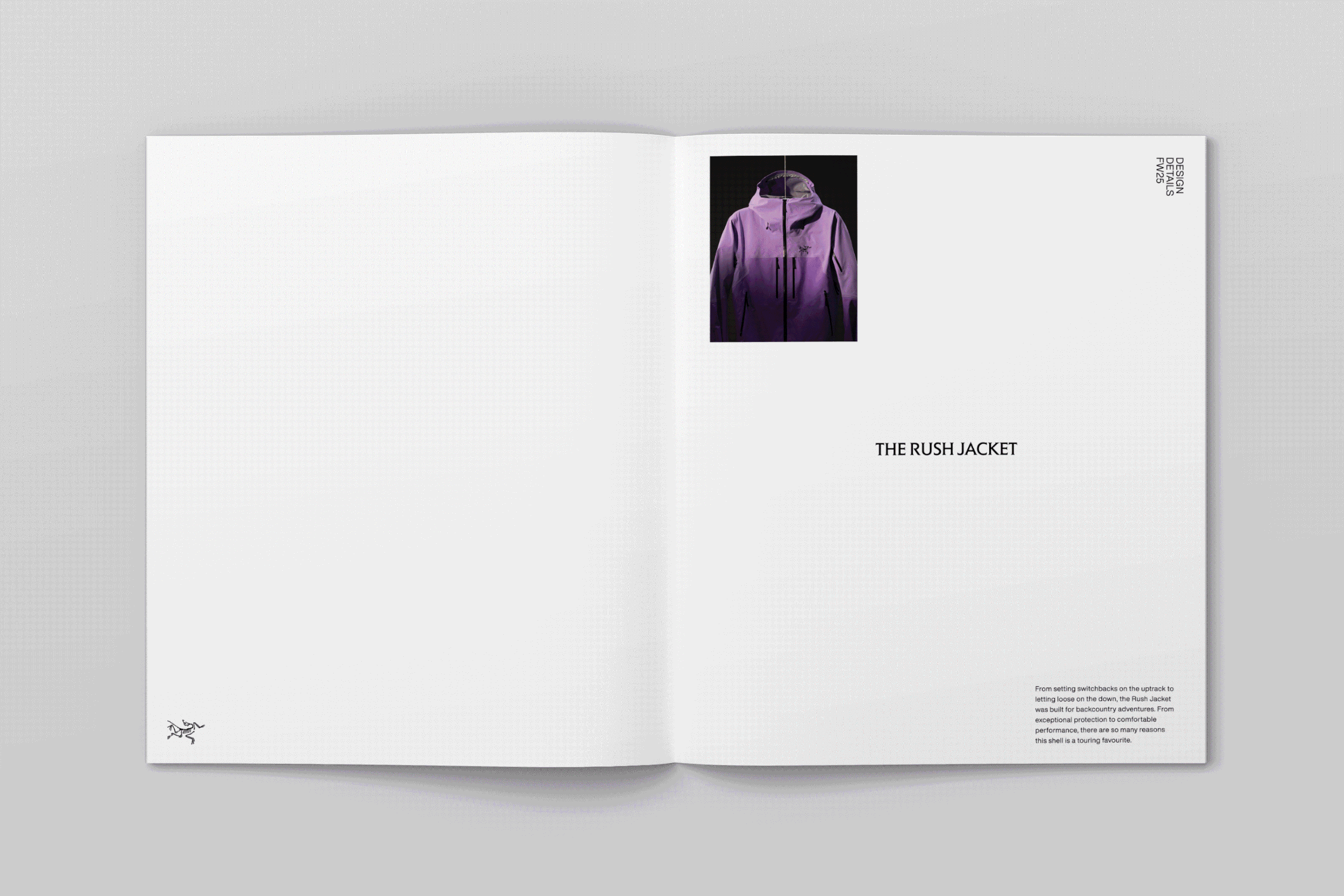 A magazine spread showcasing a purple Rush Jacket on the right page with a small image of the jacket at the top and a block of descriptive text at the bottom right. The left page is blank.