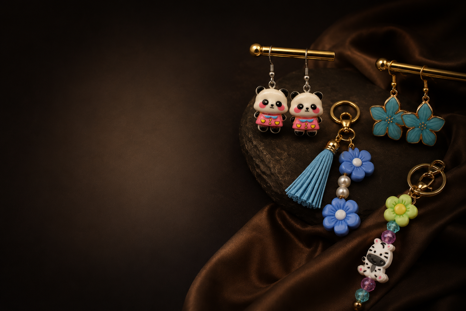 Colorful earrings, keychain, and accessories with panda, panda bear, butterfly, flower, and zebra designs displayed on dark fabric and rock.
