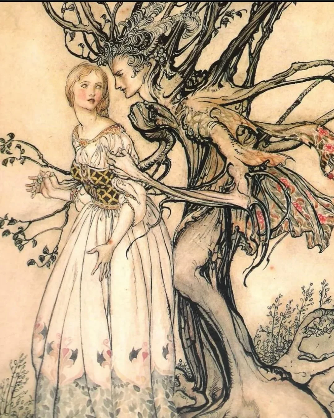 The Protector in the Pain 

In the Grimm tale The Old Woman in the Wood where a young woman flees into the forest, terrified and alone.

As she hides, an ancient tree stirs.

Its branches come alive - wrapping around her, holding her, shielding her f