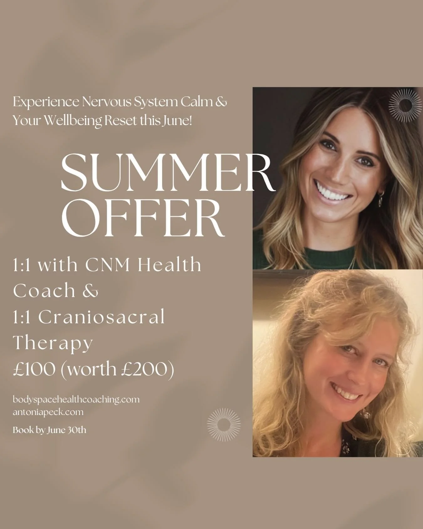 SUMMER WELLNESS OFFER 🌞

This summer, Chantal and I are offering a combined package designed to help you feel more grounded, more nourished, and more connected to your body.

Whether you&rsquo;re struggling with sleep, anxiety, brain fog, tension, o