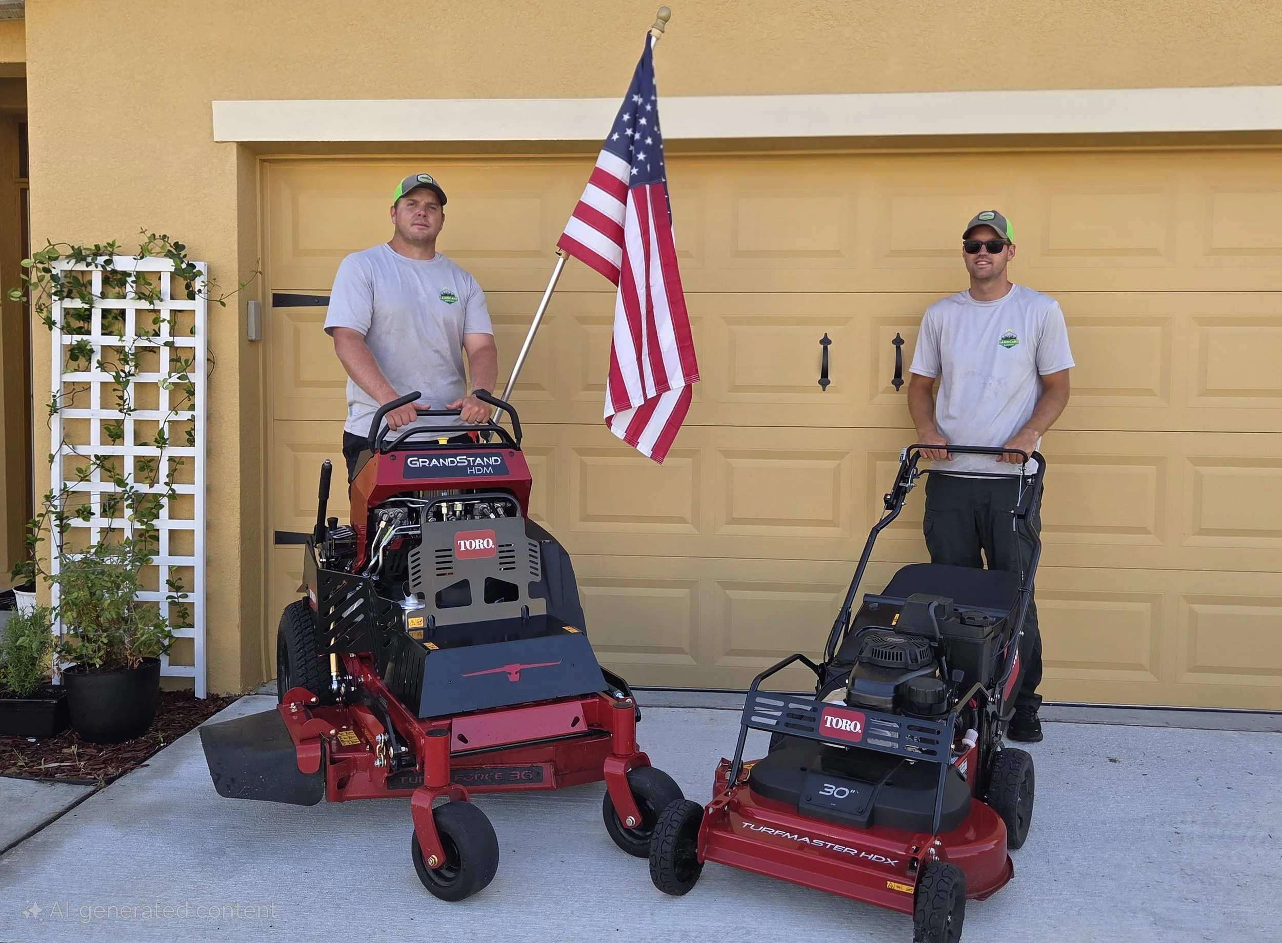 TNT Lawncare & More crew with commercial Toro mowers providing professional lawn care services in Rockledge.