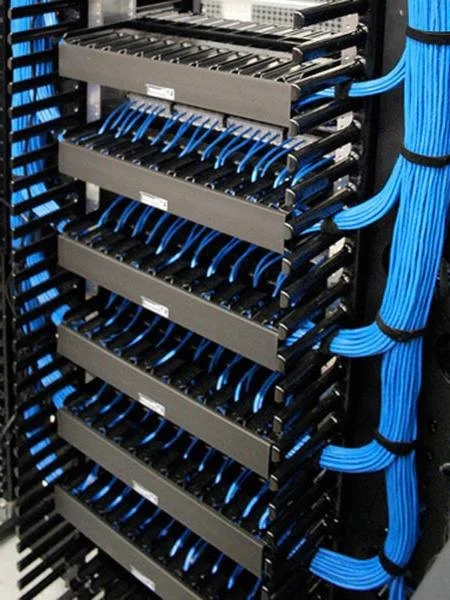 Close-up of a wall-mounted network patch panel with yellow Ethernet cables connected to ports.