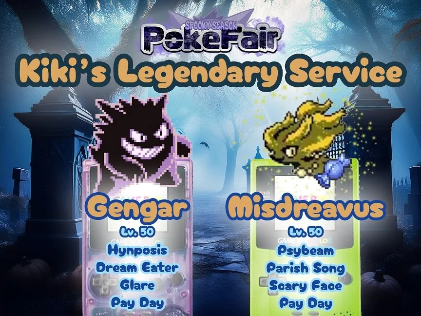 🎃✨Event Themed Pokemon Distribution✨🎃

Kiki's Legendary Service is bringing two adorably Halloween themed Pok&eacute;mon for free trade!

This Gengar will be level 50 to any Red/Blue/Yellow version and italso knows Glare and Pay Day, which are not 