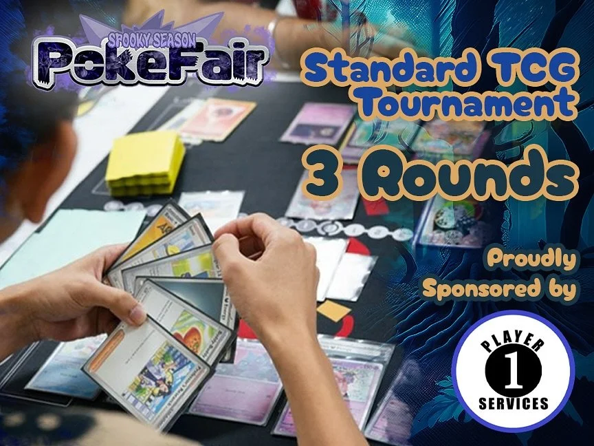 Trading card Tournaments are happening at Spooky Season PokeFair, and all thanks to @player1services !!

They're fantastic team will have three tables worth of incredible TCG merchandise, and a space at the back corner of the vendor hall where there 
