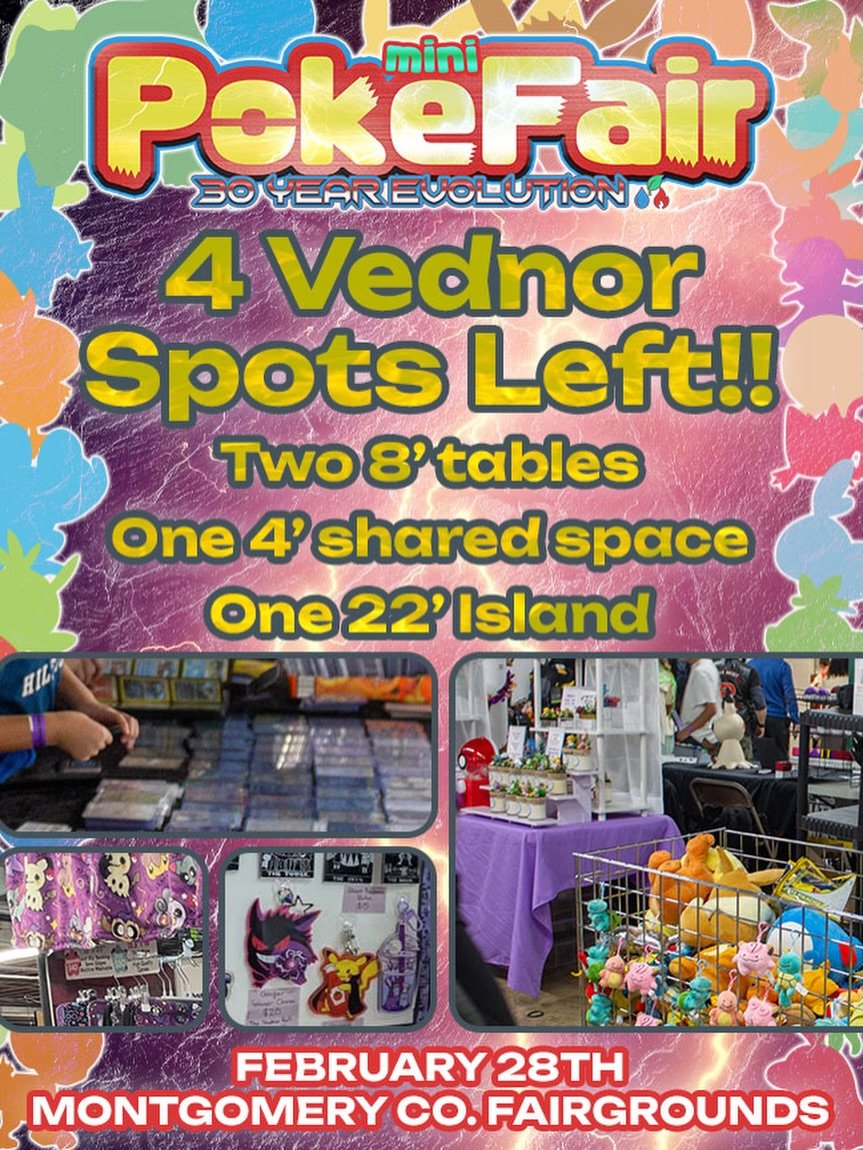 🚨 LAST CALL, VENDORS! 🚨
The show floor is almost sold out for mini PokeFair: 30 Year Evolution &mdash; and we have ONLY FOUR vendor spots left! 👀✨

Here&rsquo;s what&rsquo;s still available ⬇️
🟨 Two (2) full 8-foot tables
🟦 One (1) shared 4-foot