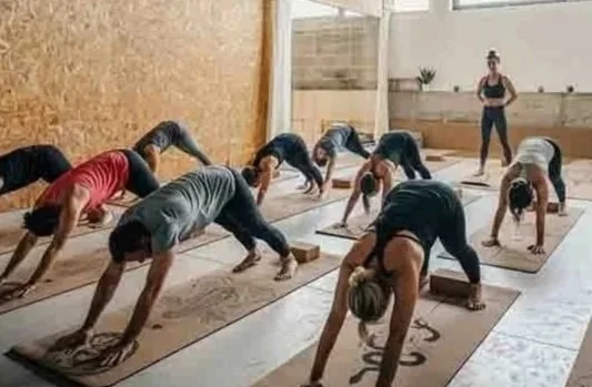 Group of people practicing yoga in a studio with an professional and friendly instructor.