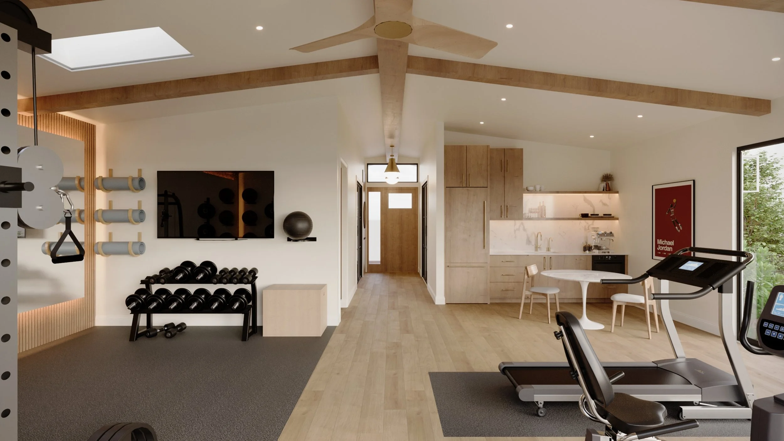 Interior view of a modern home gym and kitchen, featuring exercise equipment, dumbbells, a treadmill, a dining table with chairs, and a kitchen area with wooden cabinets and open shelves.