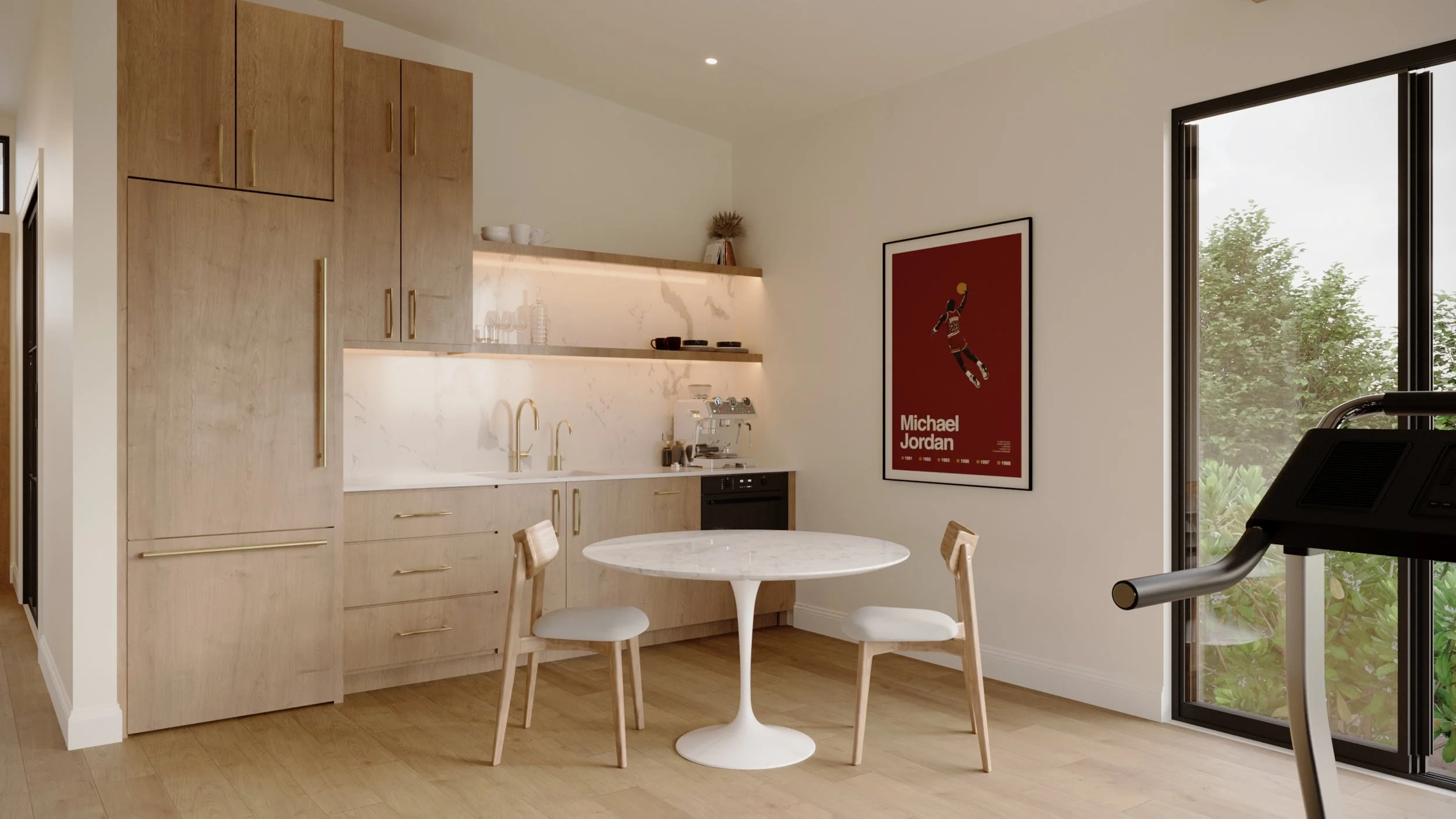 Modern kitchen and dining area with wooden cabinets, white marble table, four wooden chairs, a framed Michael Jordan poster, and a treadmill near a large window showing greenery outside.