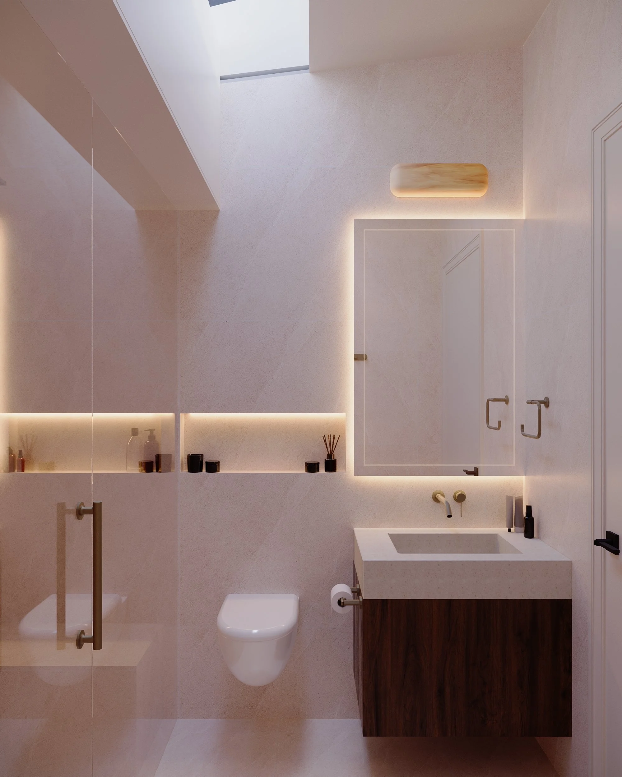 A modern bathroom with a white toilet, a white sink with a wooden cabinet, and a large mirror. The bathroom has beige walls and floor tiles, with wall-mounted towel bars and minimal accessories.