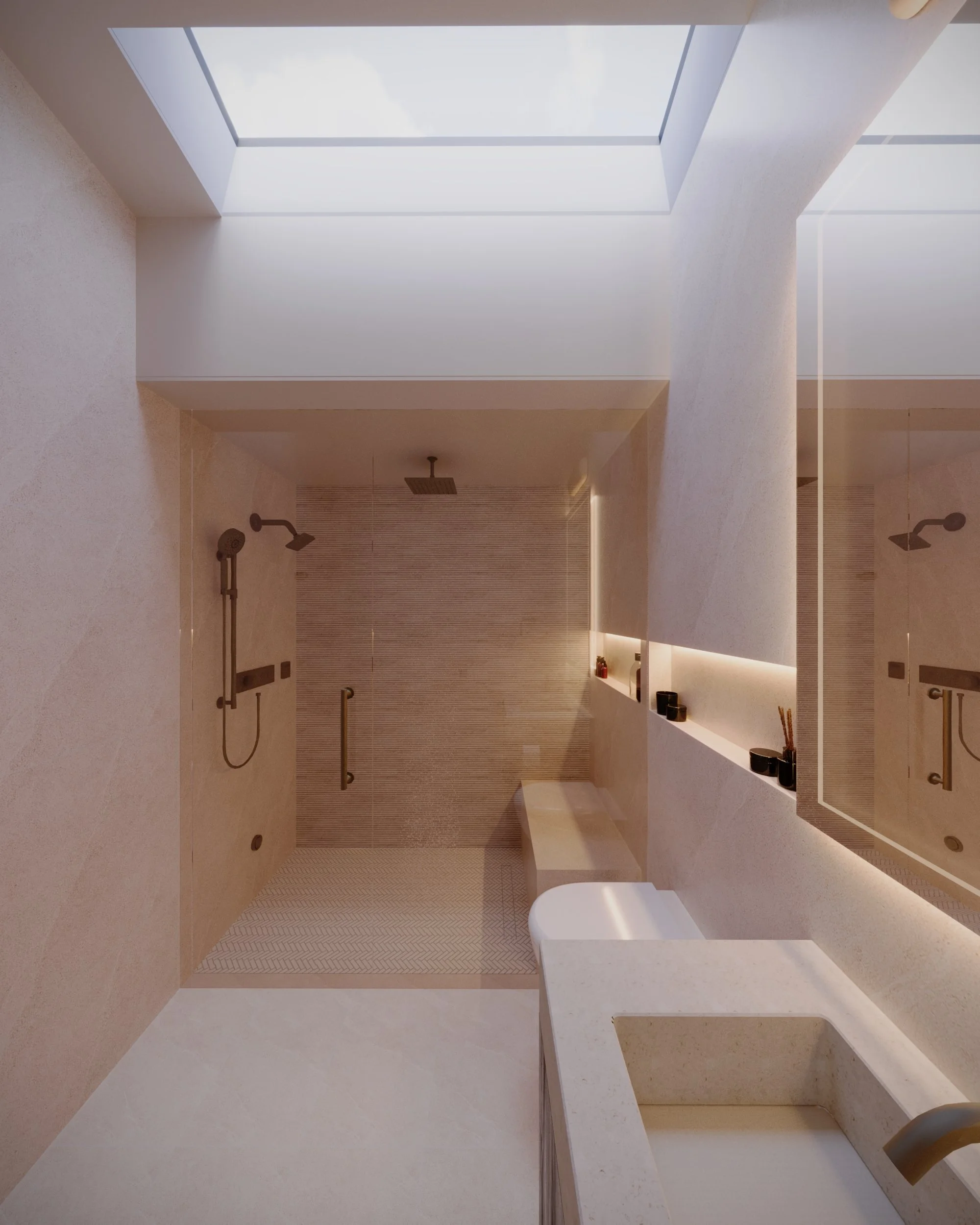 Modern bathroom with walk-in shower, multiple shower heads, skylight, and minimalist design with neutral colors and built-in shelves.