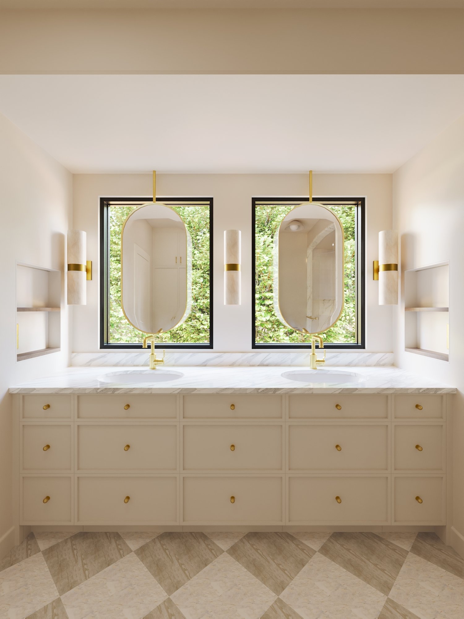 Modern bathroom with two oval mirrors hanging above a white marble double vanity with gold fixtures, flanked by wall-mounted light fixtures, and large windows revealing greenery outside.