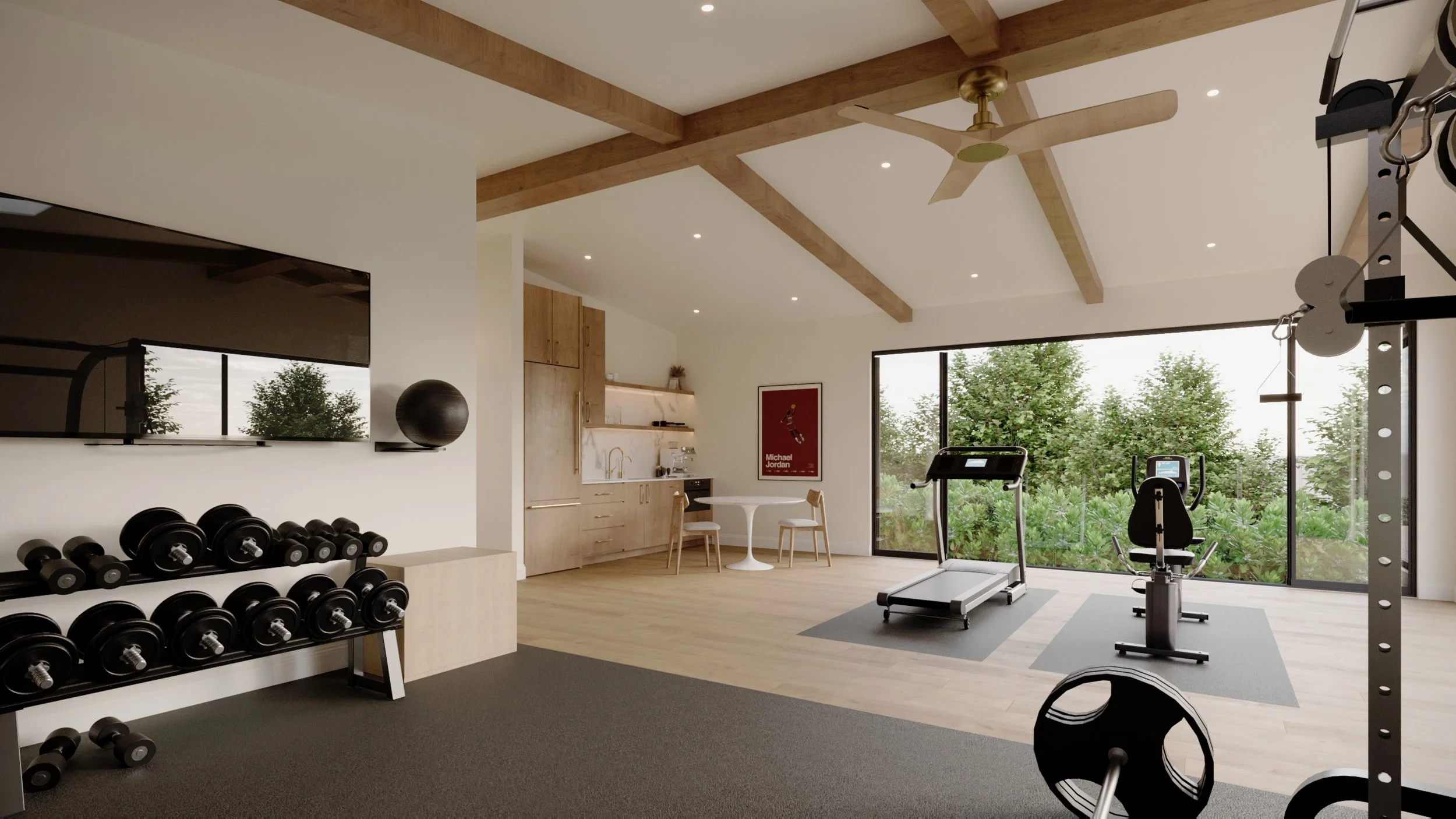 Modern home gym with large windows, workout equipment, free weights, treadmill, exercise bike, and ceiling fan, surrounded by greenery outside.