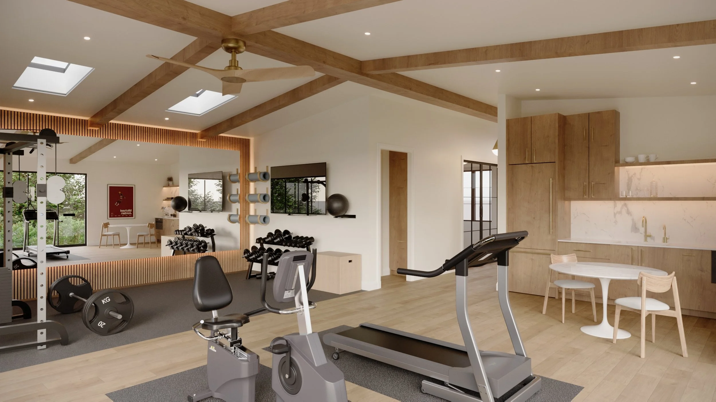 Modern home gym with treadmill, stationary bike, dumbbells, and workout equipment, featuring wooden accents, skylights, and a sitting area.