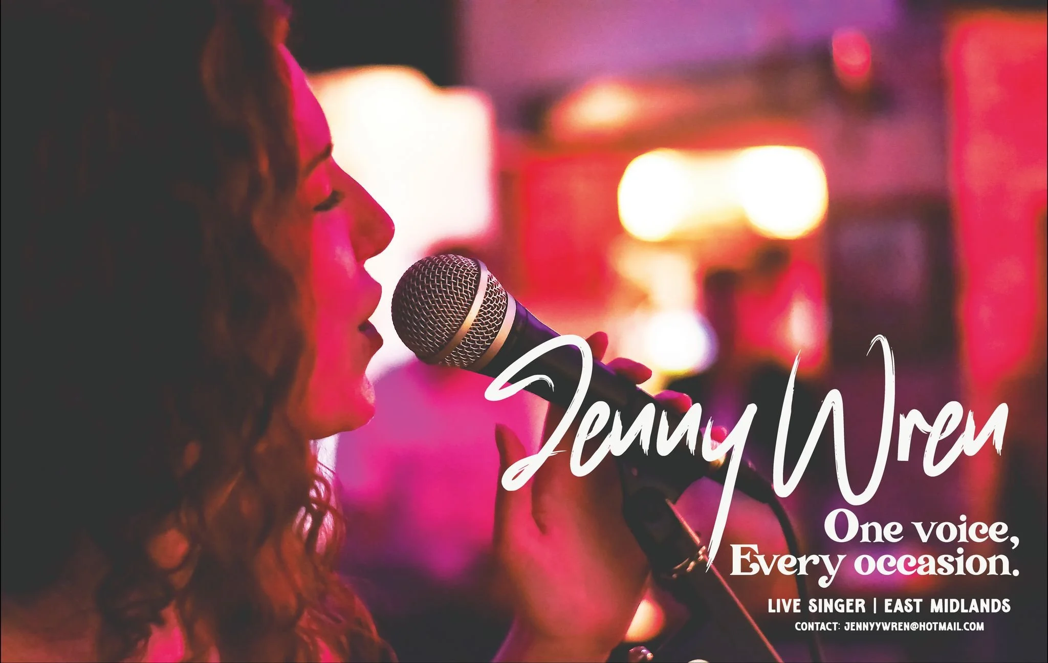 A woman singing into a microphone in a colorful, vibrant setting with pink and purple lighting. The text on the image reads 'Jenny Wren, One voice, Every occasion.' and includes contact information.