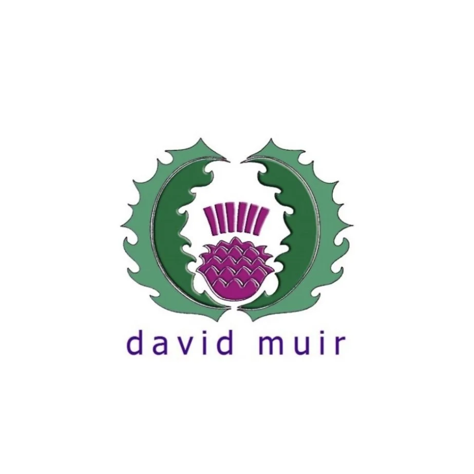 A logo with green leaf-like shapes and a purple stylized thistle with pink accents, with the text 'david muir' below in purple.