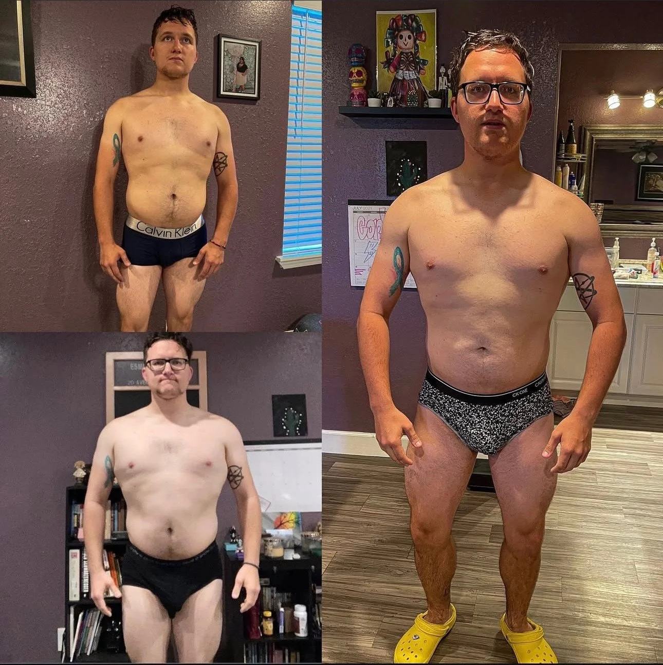 “Corbin was my very first client! He came to me wanting to build muscle, starting at 185lbs. We pushed up to 215lbs before cutting back to 195lbs adding size all around and boosting his confidence in the process.”