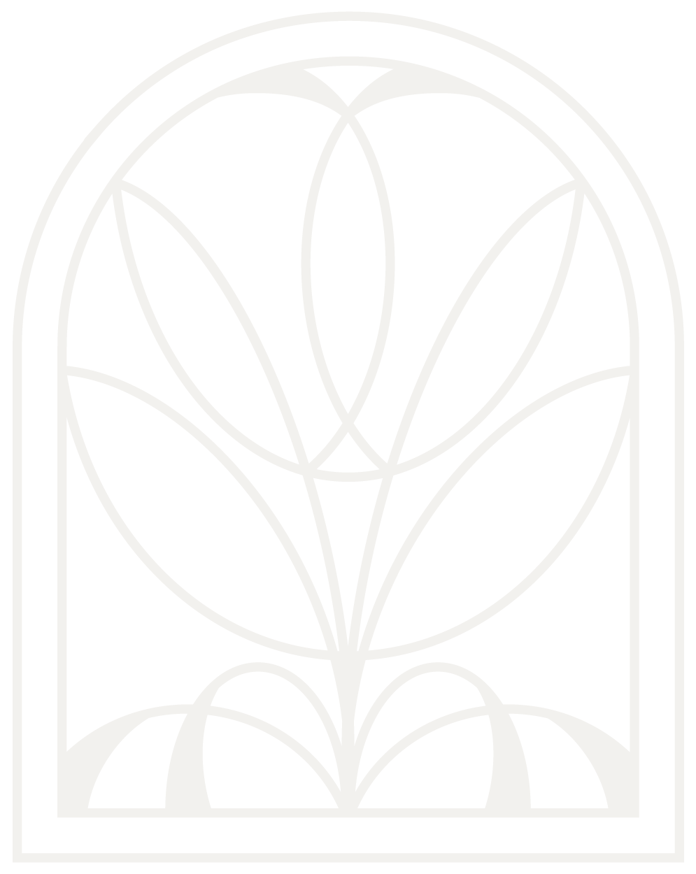 A stained glass window design featuring a stylized, abstract flower with leaves, outlined in light gray against a black background.